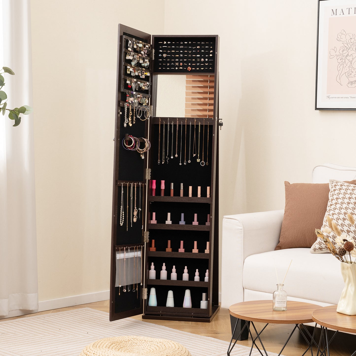 Standing Lockable Jewelry Storage Organizer with Full-Length Mirror-Coffee Kids Crystal