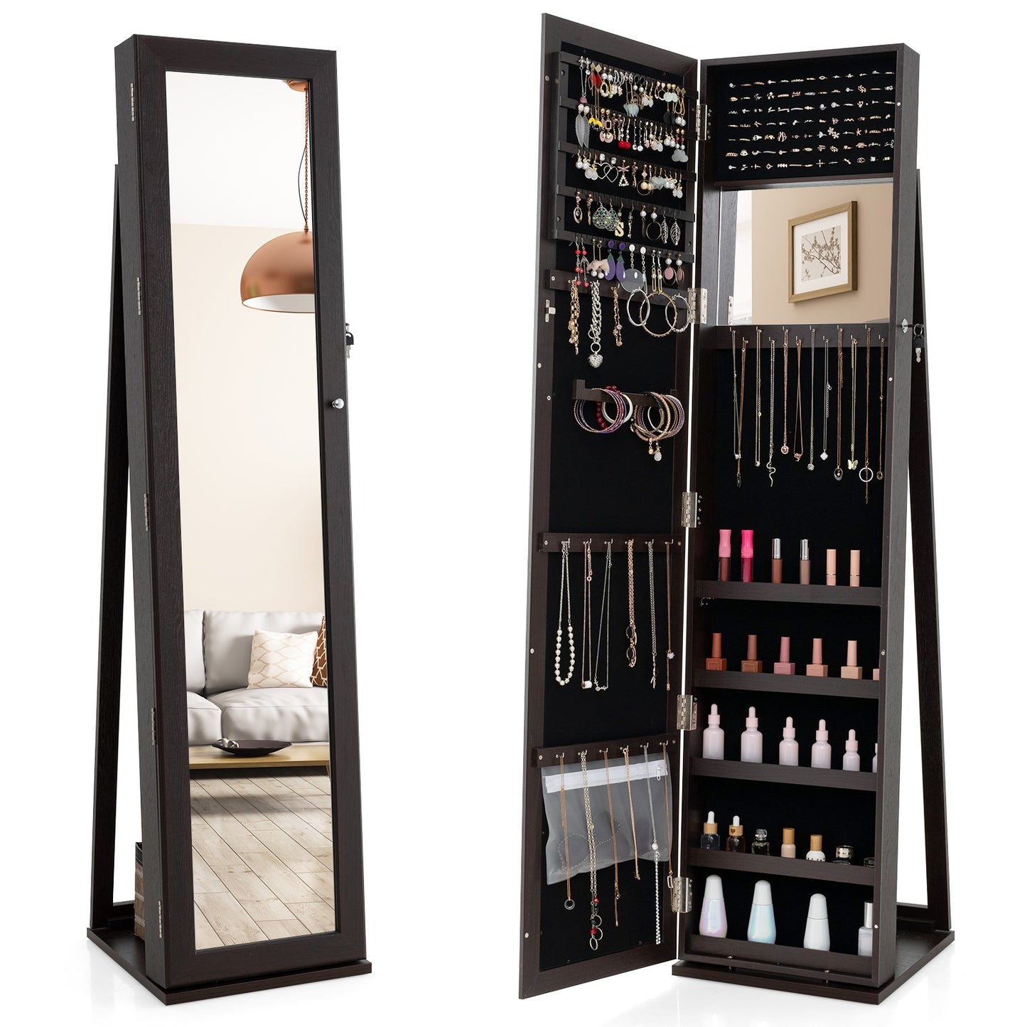 Standing Lockable Jewelry Storage Organizer with Full-Length Mirror-Coffee Kids Crystal