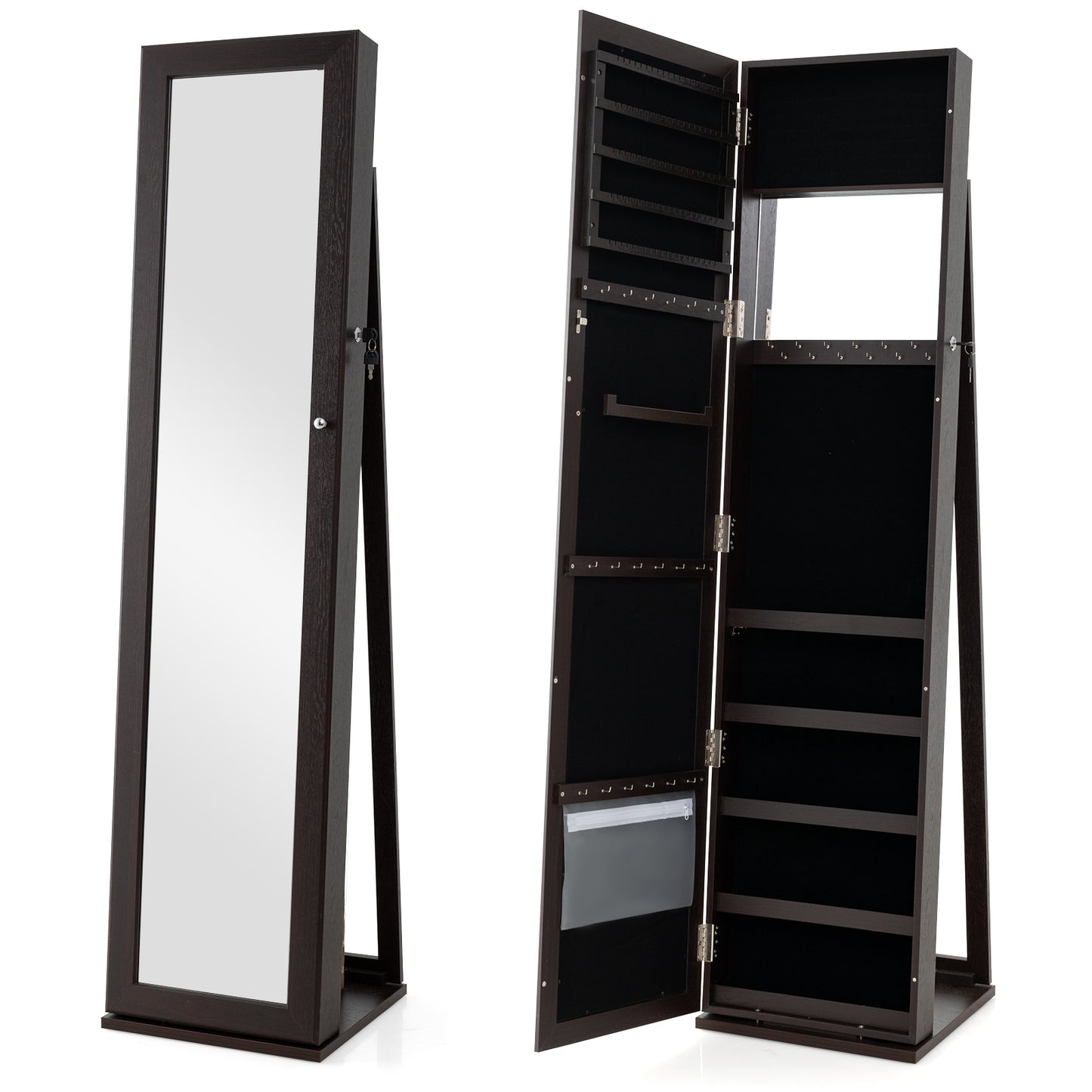 Standing Lockable Jewelry Storage Organizer with Full-Length Mirror-Coffee Kids Crystal