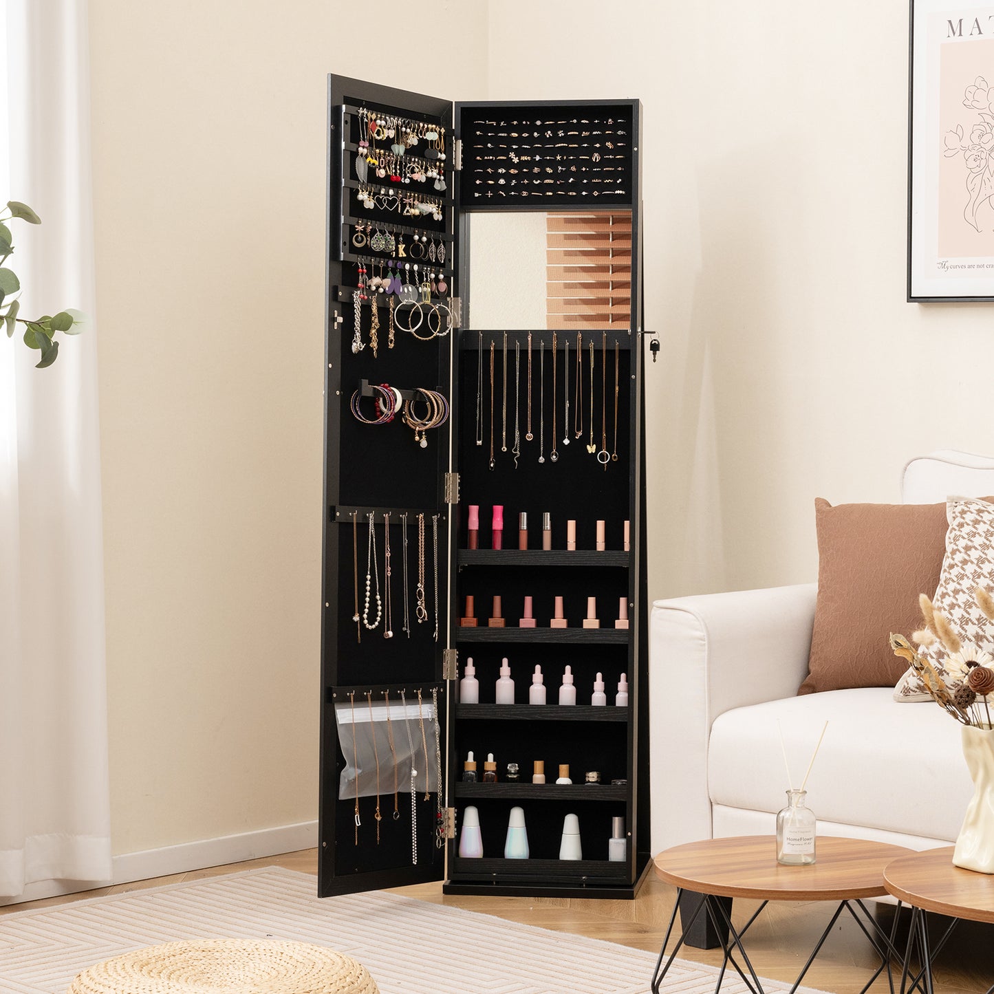 Standing Lockable Jewelry Storage Organizer with Full-Length Mirror-Black Kids Crystal