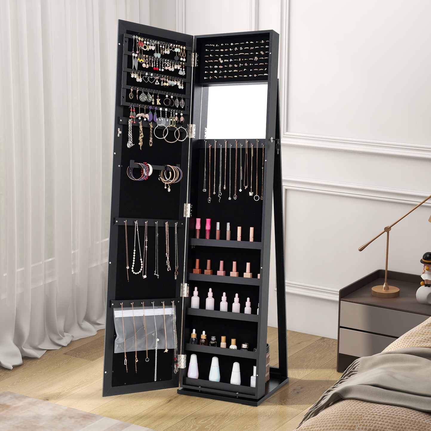 Standing Lockable Jewelry Storage Organizer with Full-Length Mirror-Black Kids Crystal