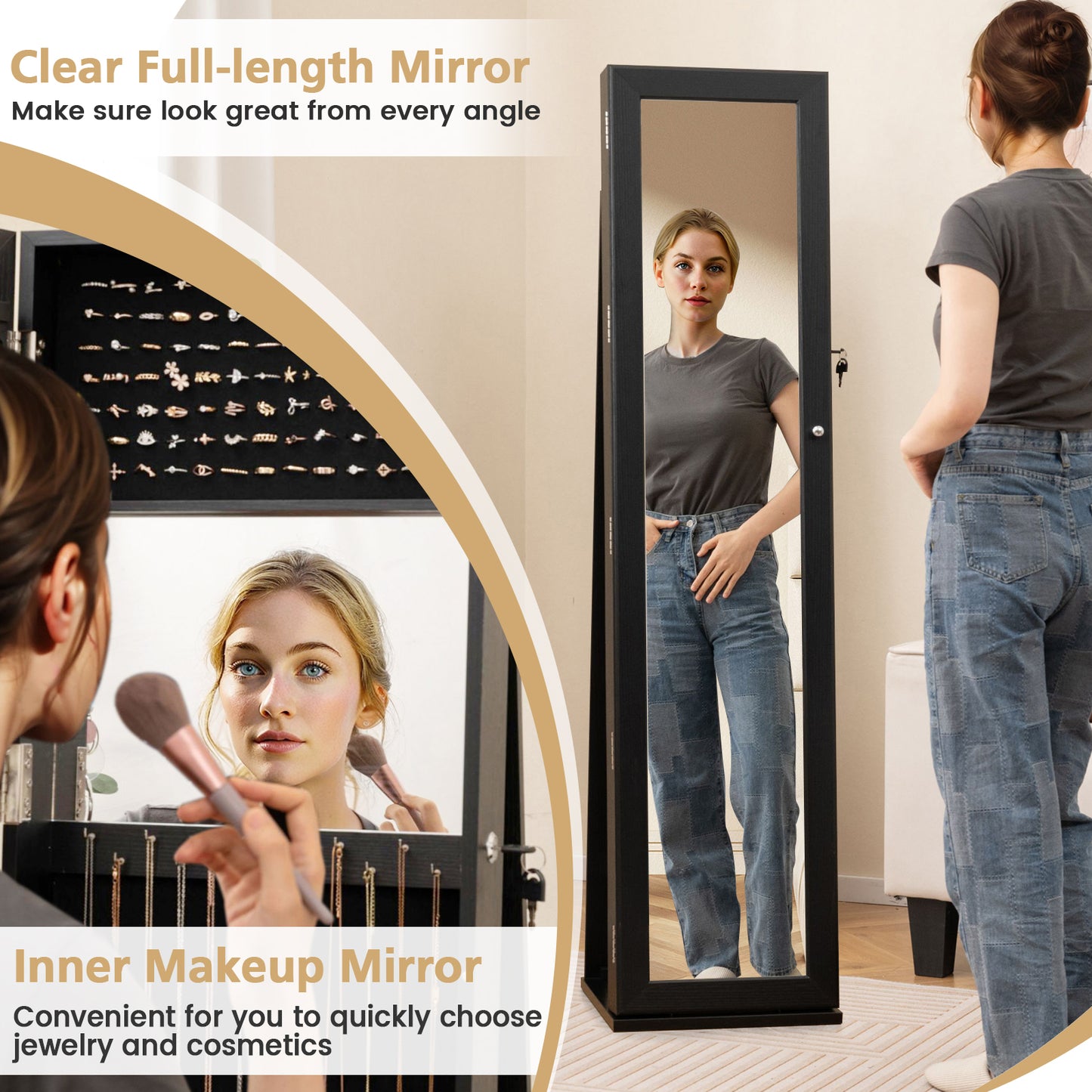 Standing Lockable Jewelry Storage Organizer with Full-Length Mirror-Black Kids Crystal