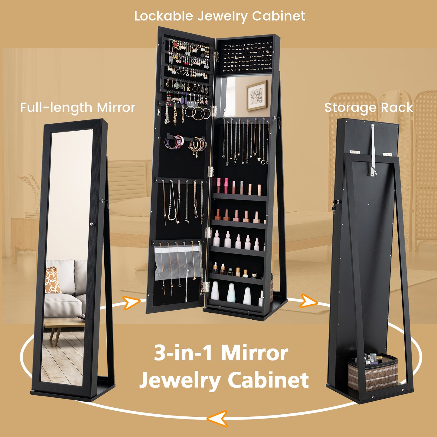 Standing Lockable Jewelry Storage Organizer with Full-Length Mirror-Black Kids Crystal