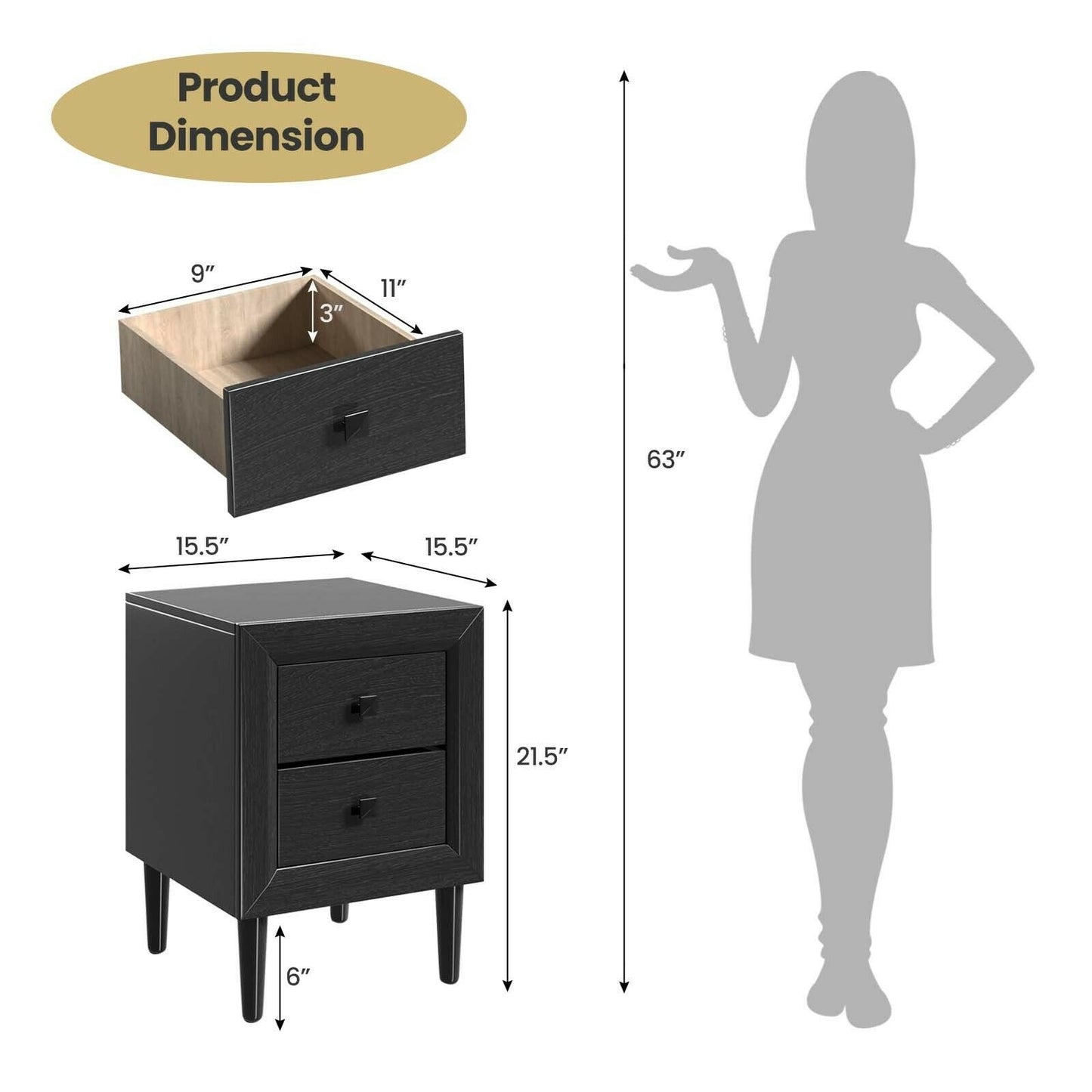 2 Pieces Multipurpose Retro Nightstand with 2 Drawers-Black Kids Crystal