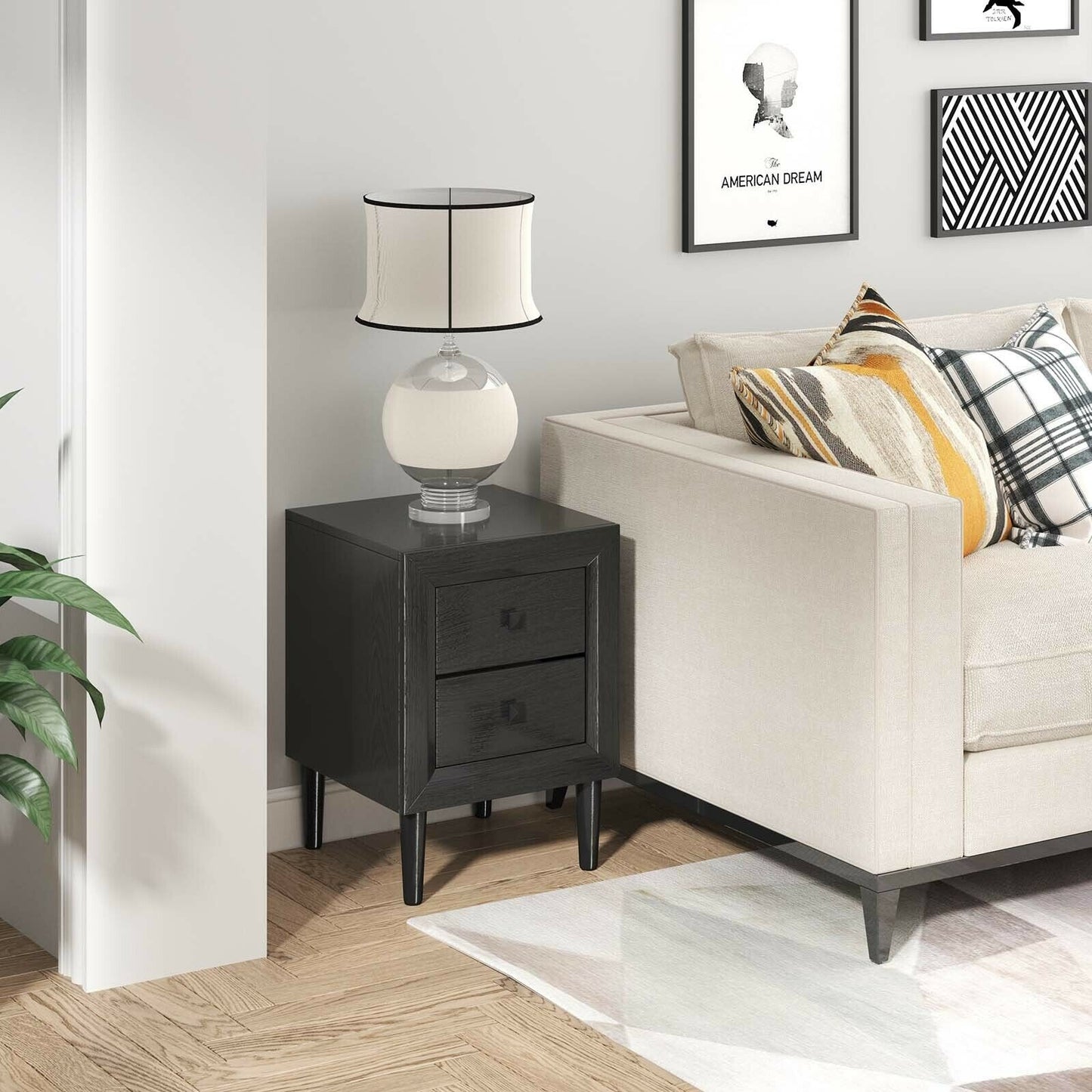 2 Pieces Multipurpose Retro Nightstand with 2 Drawers-Black Kids Crystal
