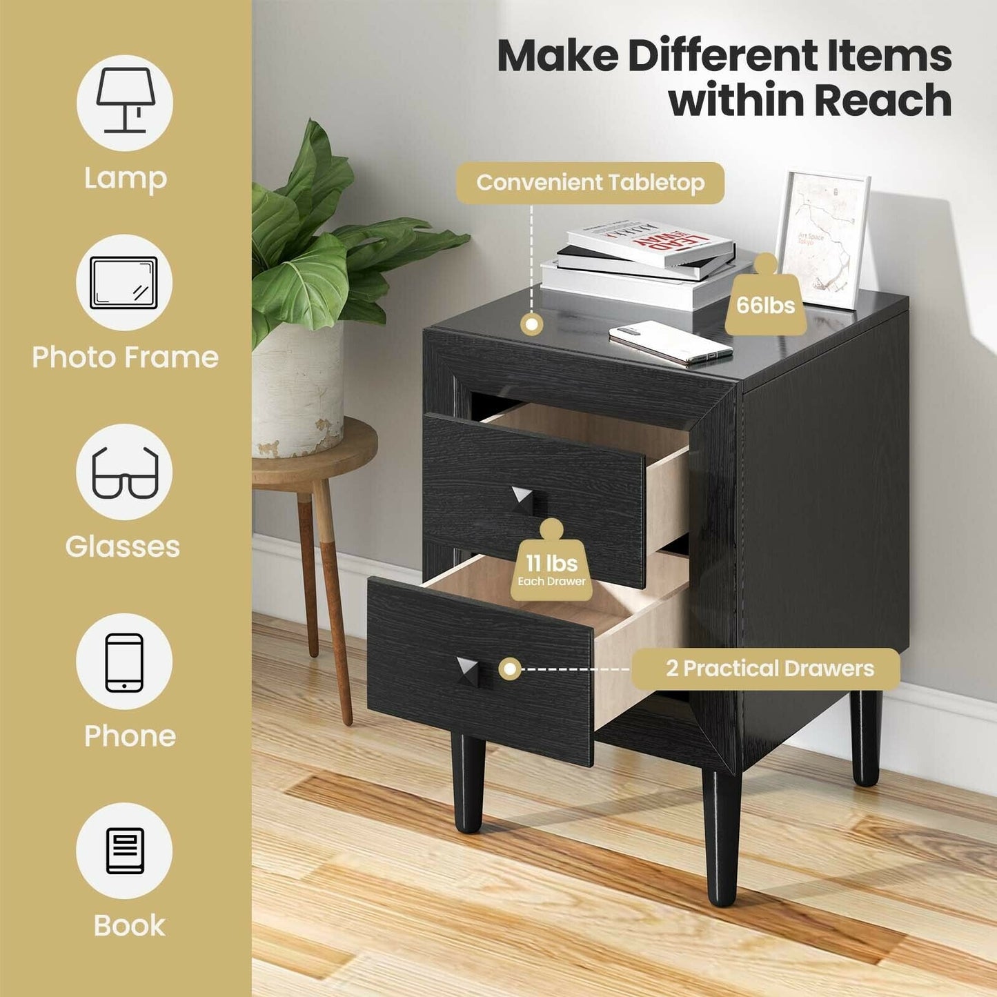 2 Pieces Multipurpose Retro Nightstand with 2 Drawers-Black Kids Crystal