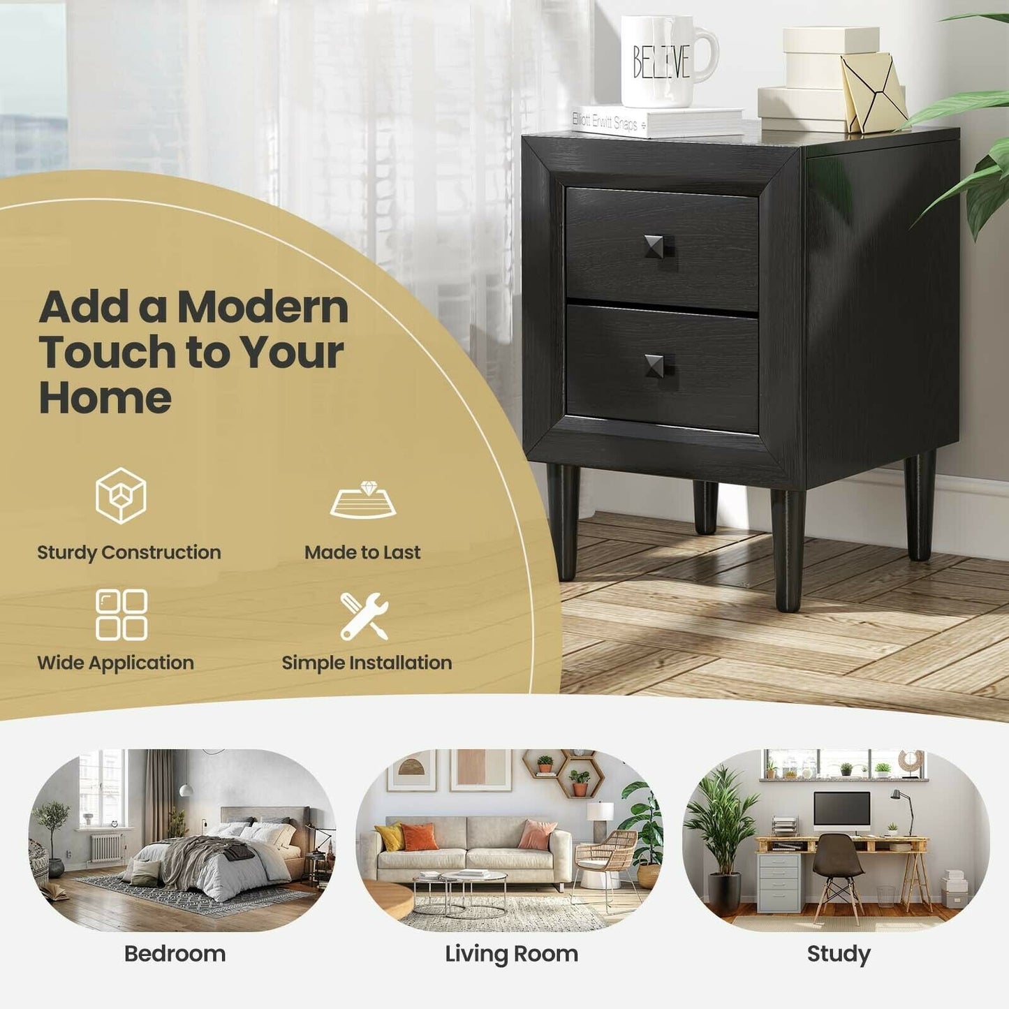 2 Pieces Multipurpose Retro Nightstand with 2 Drawers-Black Kids Crystal