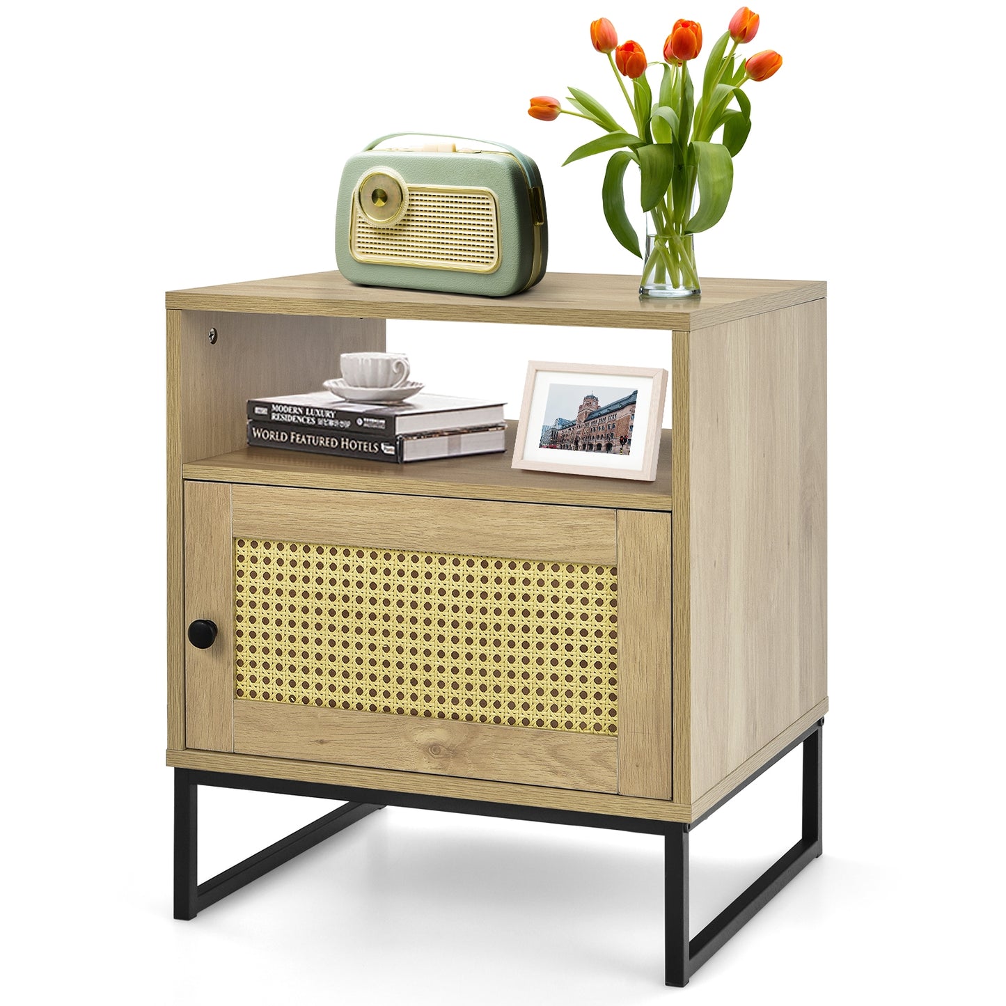 Wooden Side End Table with Cabinet and Rattan Decorated Door-Natural Kids Crystal