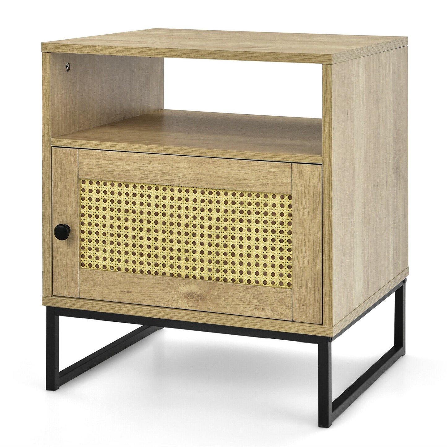Wooden Side End Table with Cabinet and Rattan Decorated Door-Natural Kids Crystal