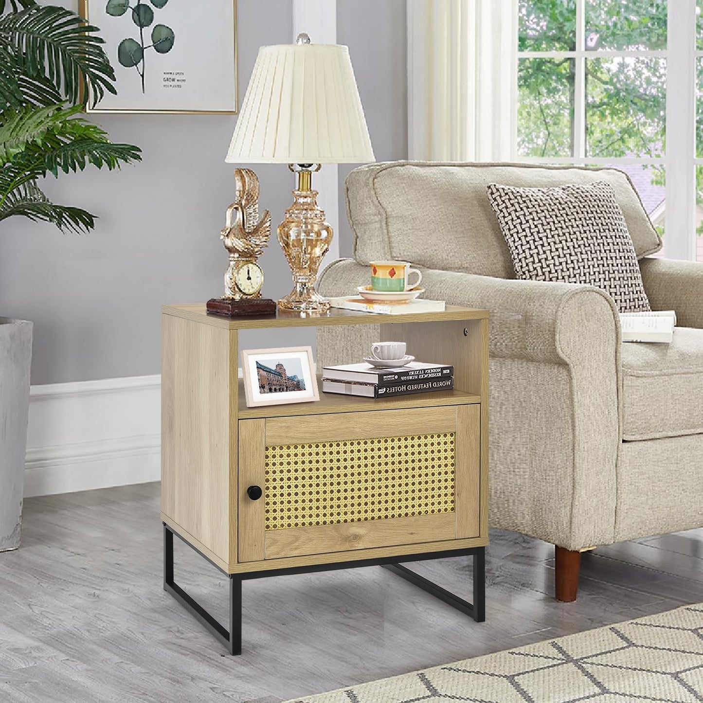 Wooden Side End Table with Cabinet and Rattan Decorated Door-Natural Kids Crystal