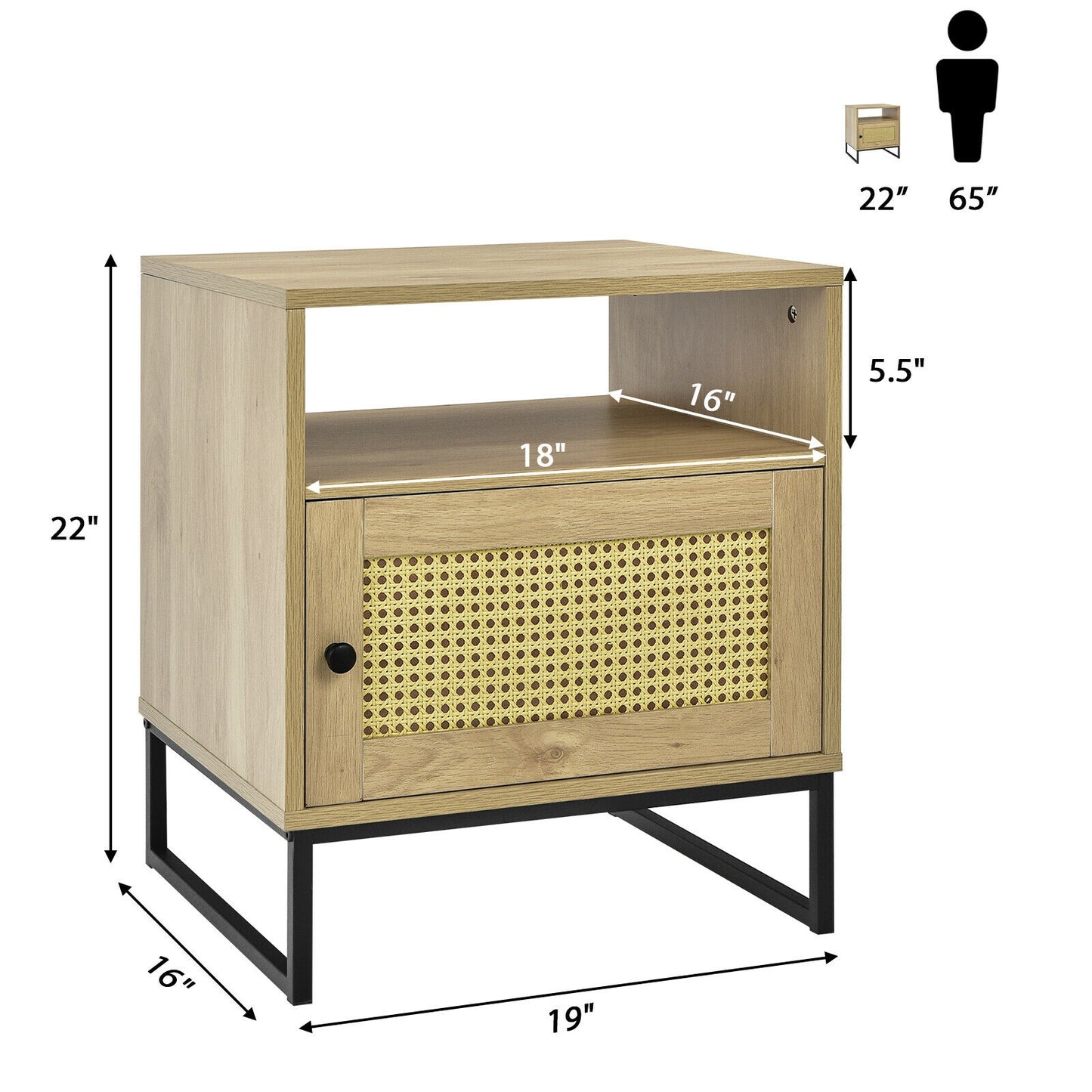 Wooden Side End Table with Cabinet and Rattan Decorated Door-Natural Kids Crystal