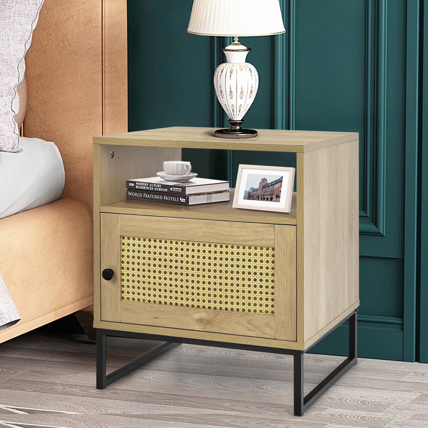 Wooden Side End Table with Cabinet and Rattan Decorated Door-Natural Kids Crystal