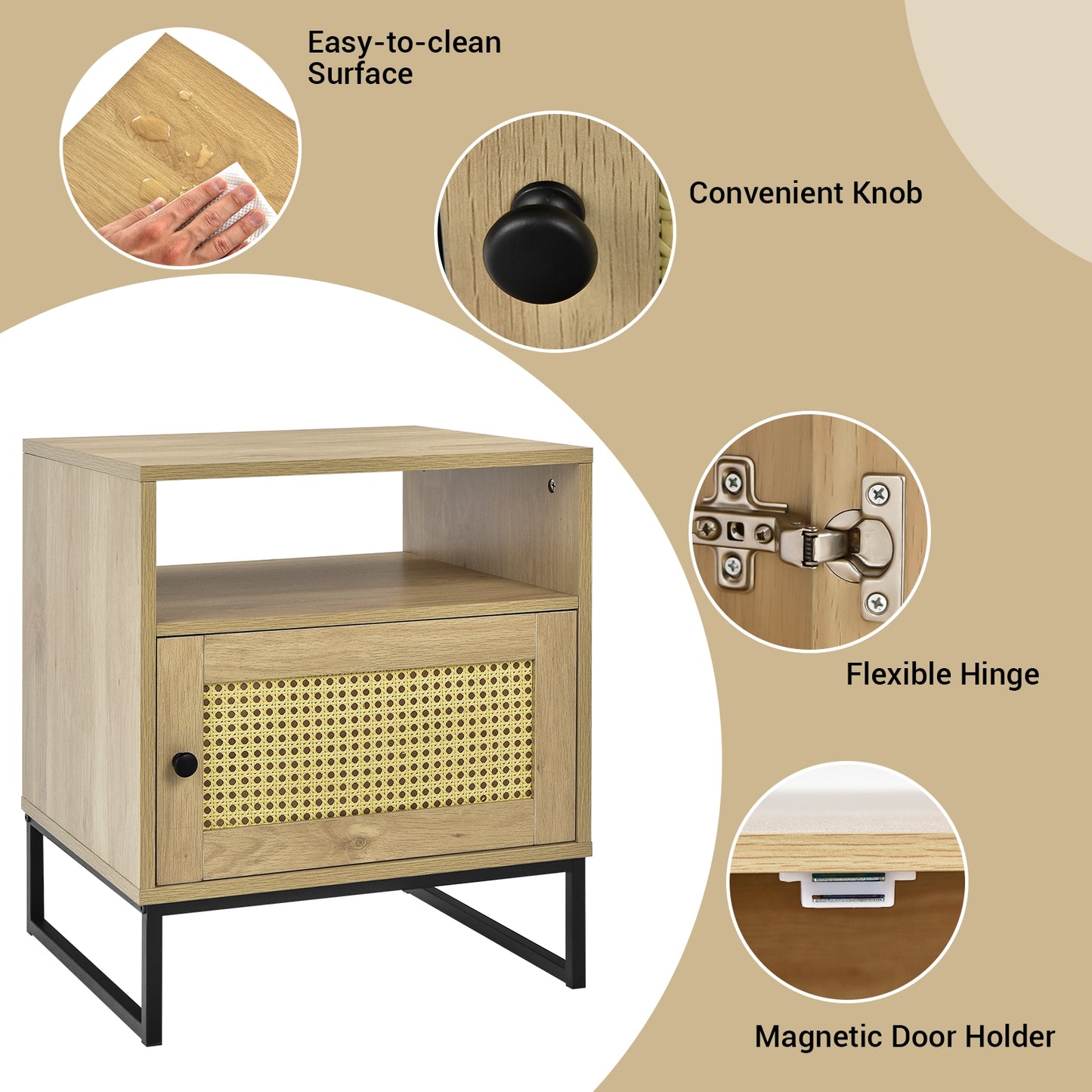 Wooden Side End Table with Cabinet and Rattan Decorated Door-Natural Kids Crystal