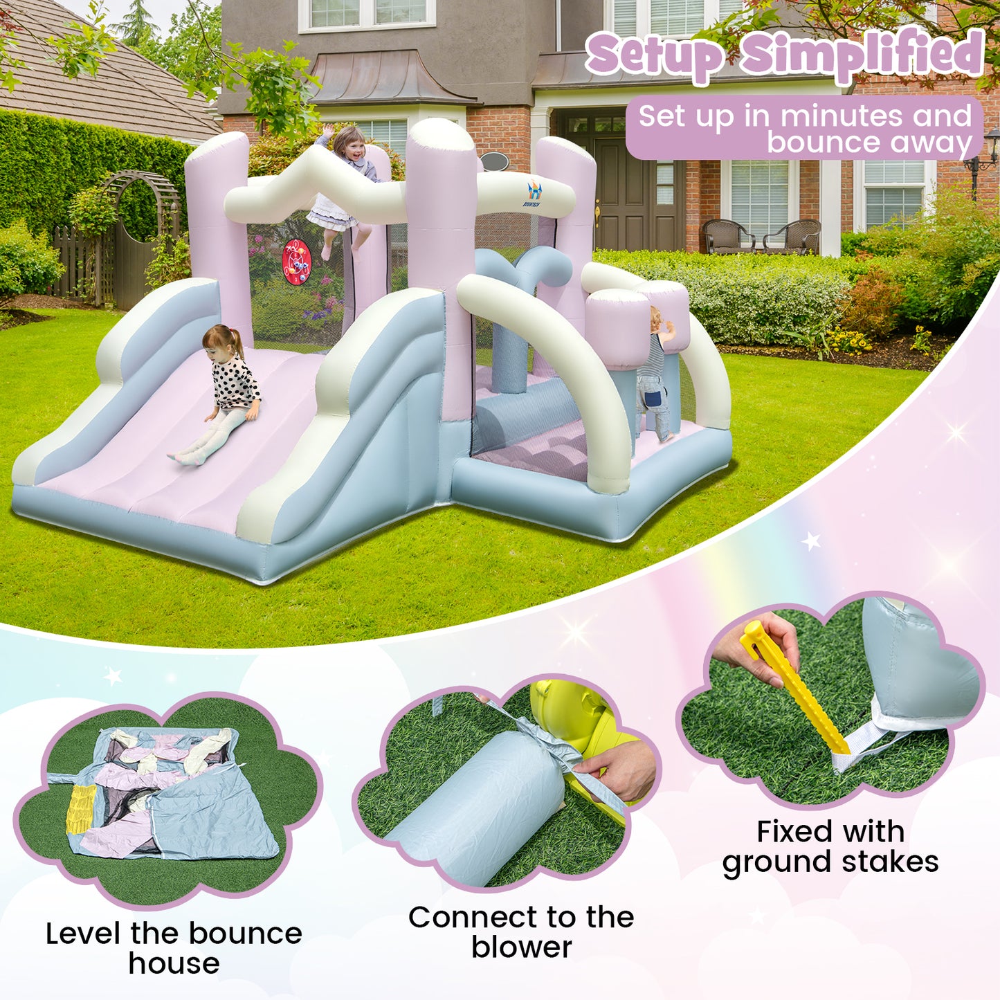 Kids Bounce House with Slide and 2 Boxing Columns for Party with 480W Blower Kids Crystal