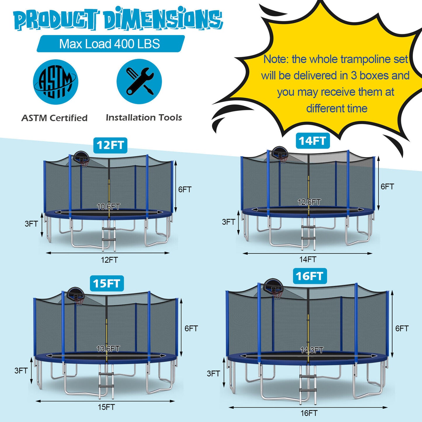 12/14/15/16 Feet Outdoor Recreational Trampoline with Enclosure Net-12 ft Kids Crystal