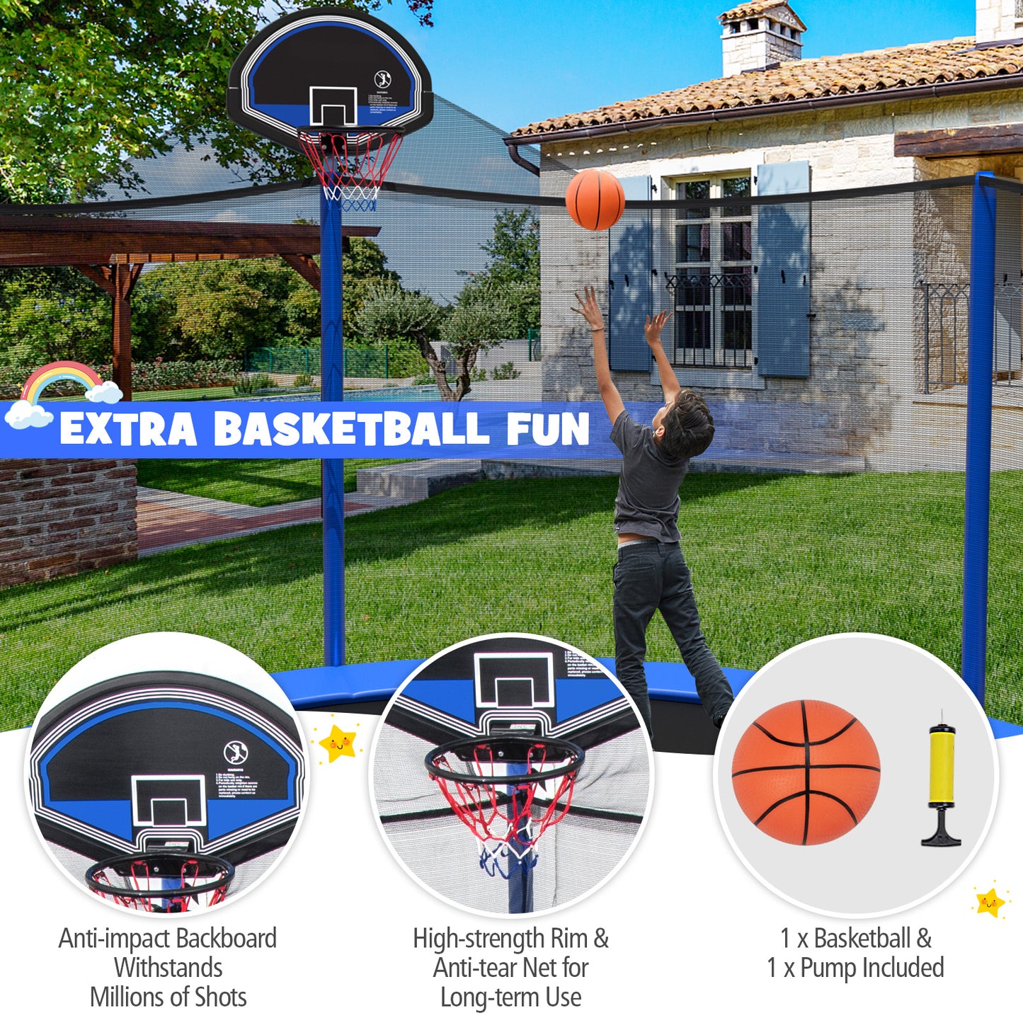 12/14/15/16 Feet Outdoor Recreational Trampoline with Enclosure Net-12 ft Kids Crystal