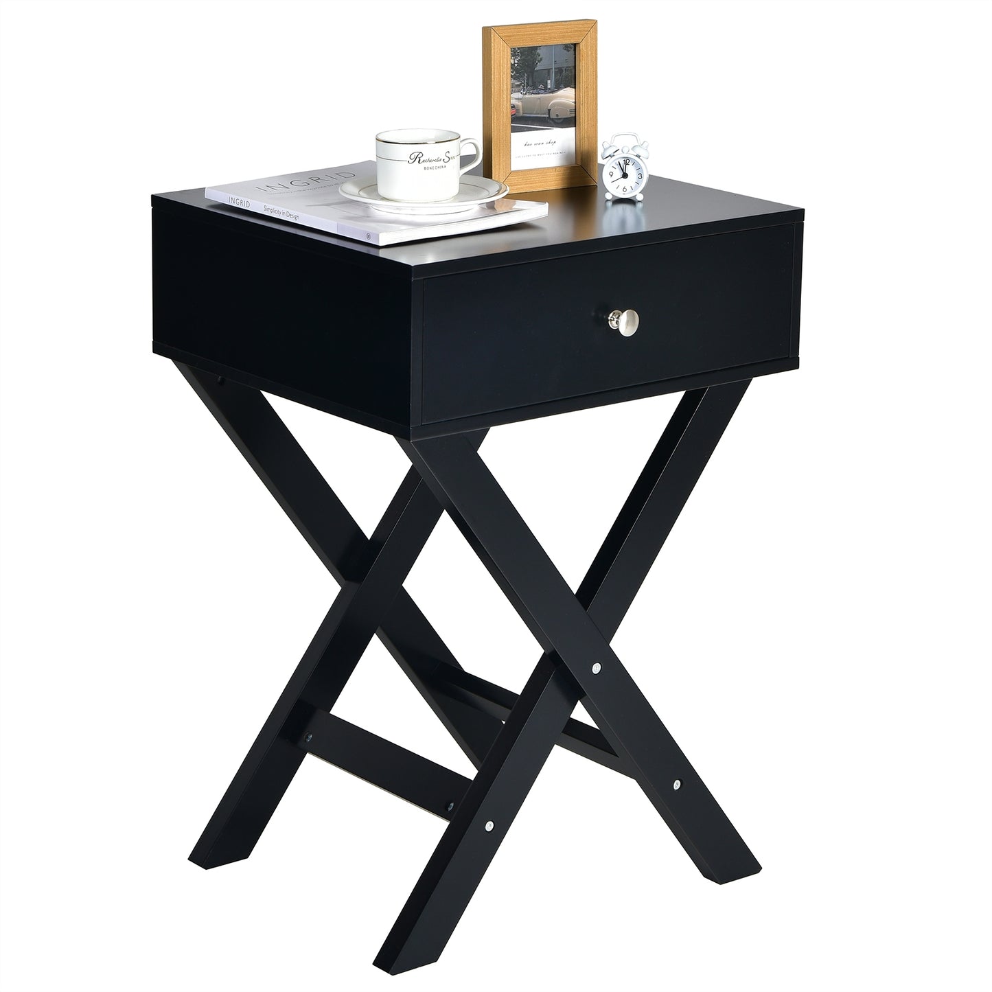 Modern X-Shaped Nightstand with Drawer for Living Room Bedroom-Black Kids Crystal