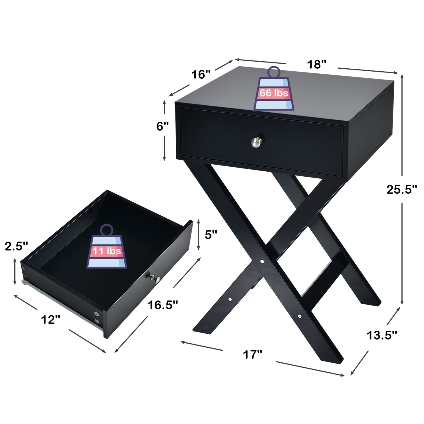 Modern X-Shaped Nightstand with Drawer for Living Room Bedroom-Black Kids Crystal