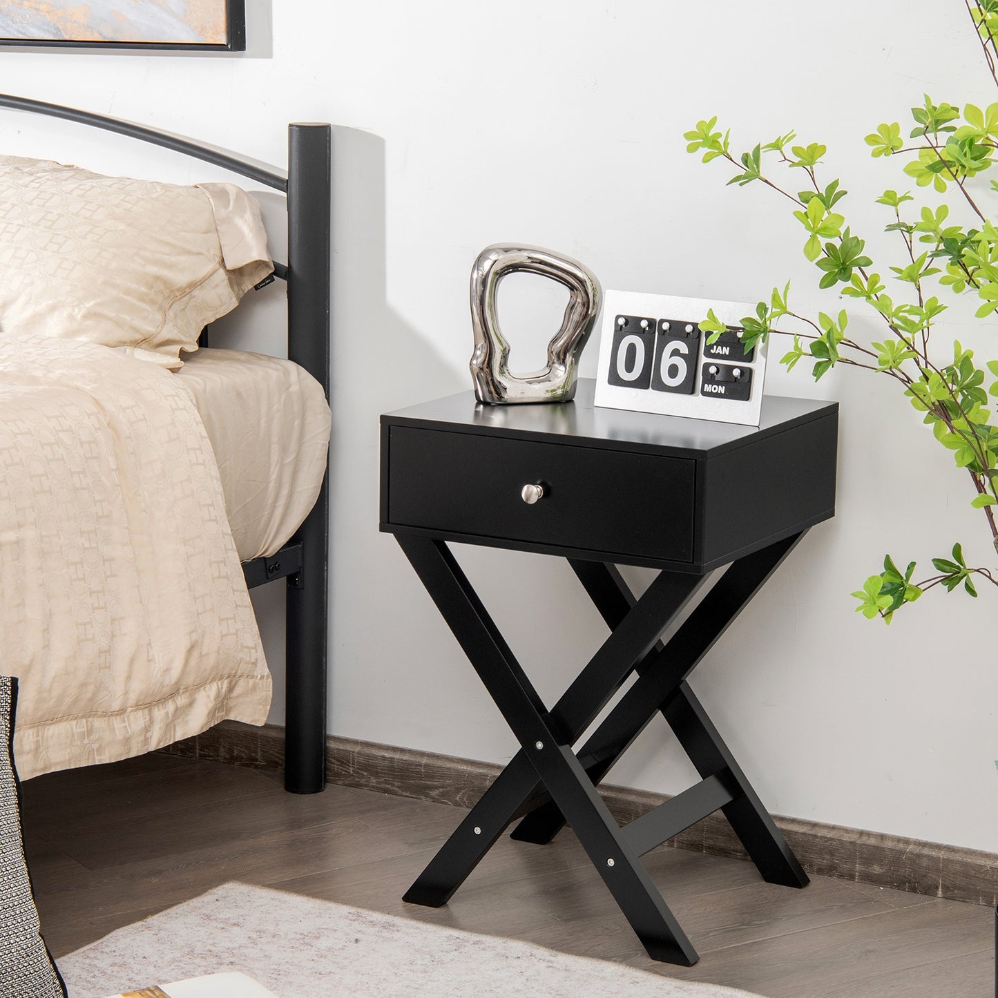 Modern X-Shaped Nightstand with Drawer for Living Room Bedroom-Black Kids Crystal