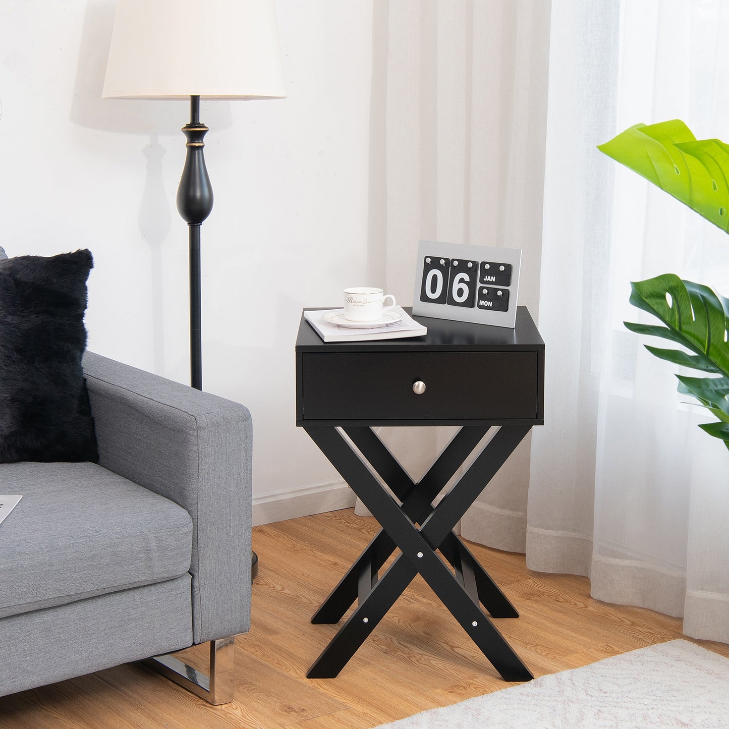 Modern X-Shaped Nightstand with Drawer for Living Room Bedroom-Black Kids Crystal