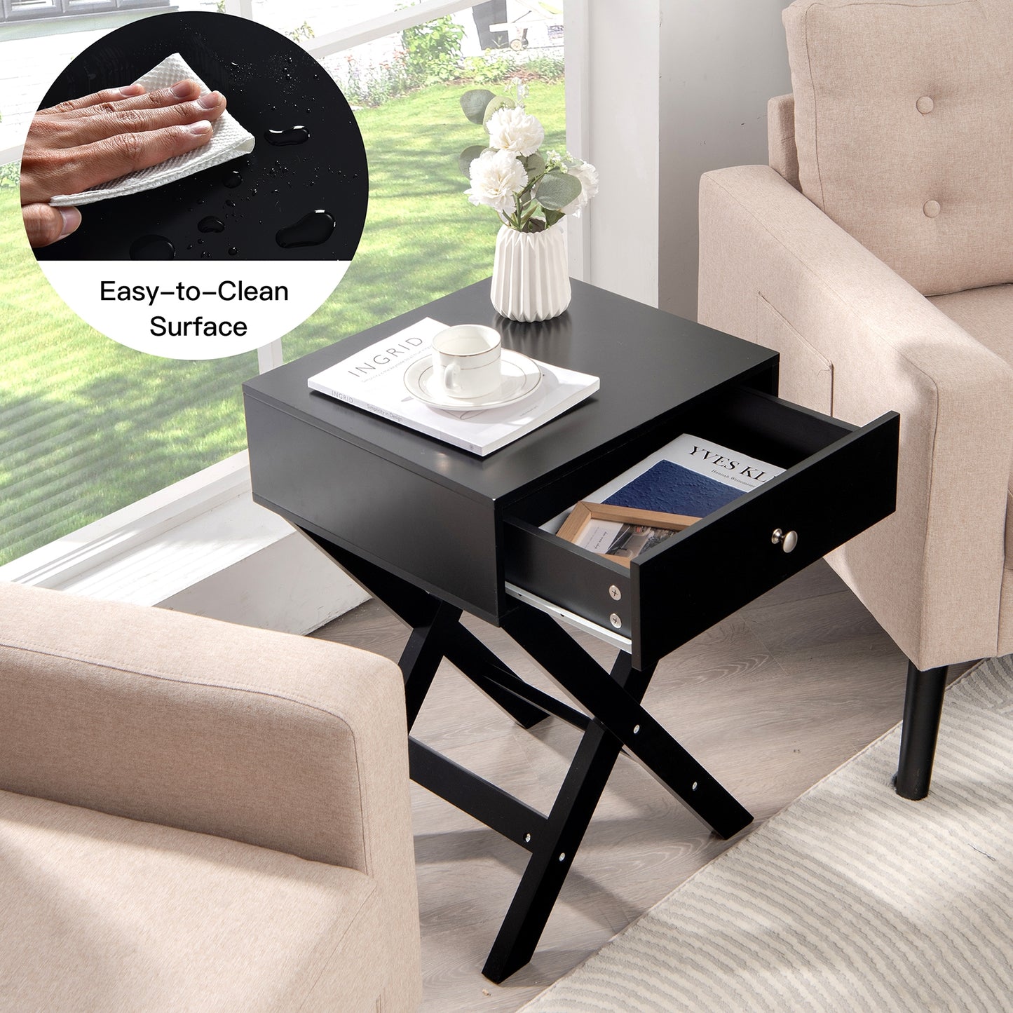 Modern X-Shaped Nightstand with Drawer for Living Room Bedroom-Black Kids Crystal