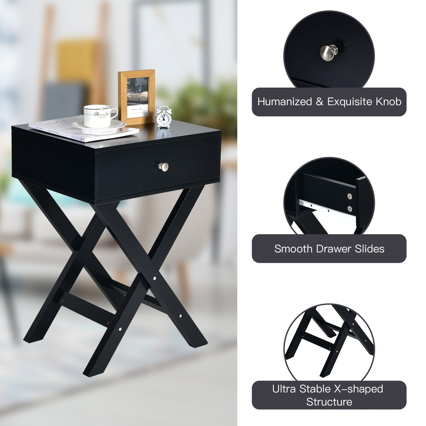Modern X-Shaped Nightstand with Drawer for Living Room Bedroom-Black Kids Crystal