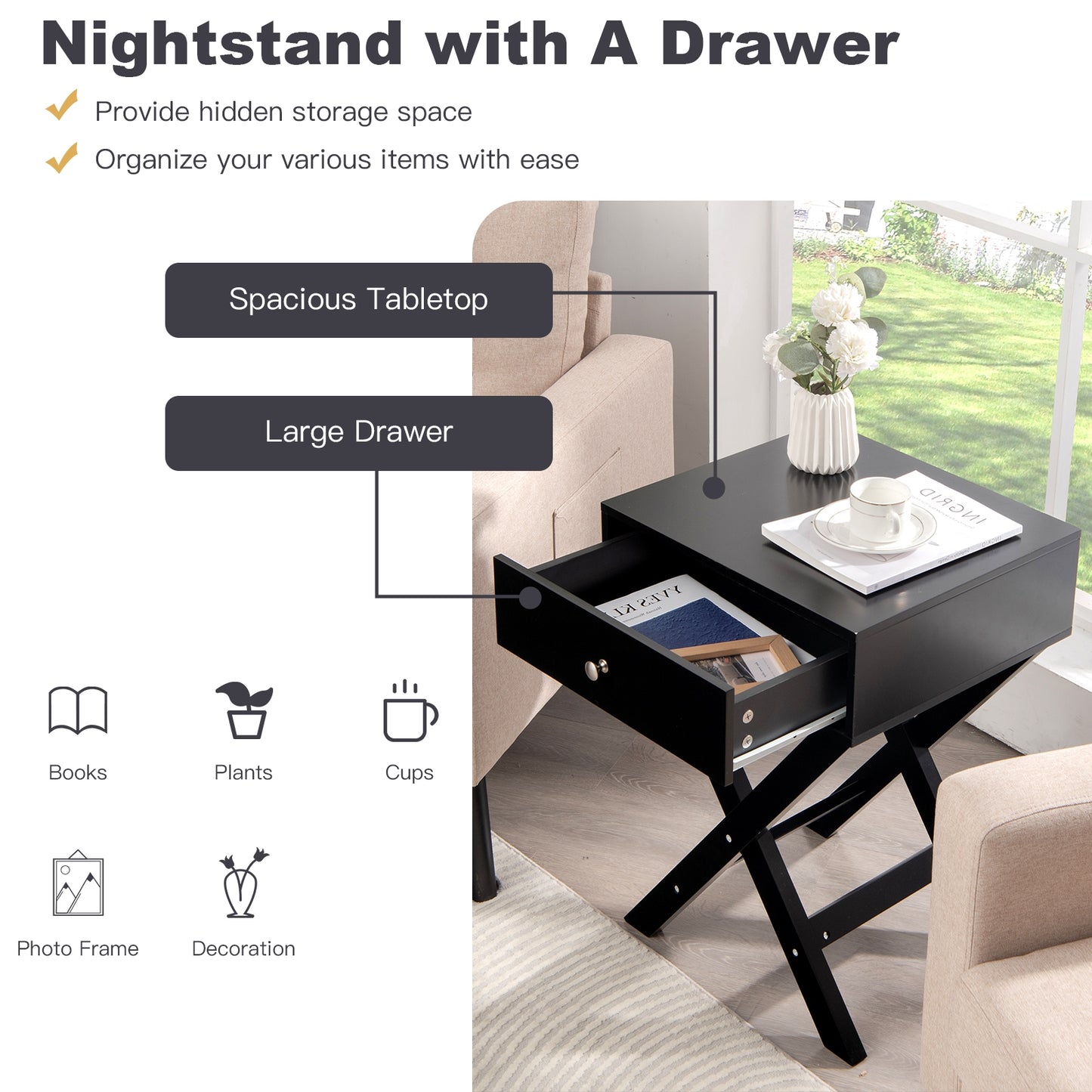 Modern X-Shaped Nightstand with Drawer for Living Room Bedroom-Black Kids Crystal