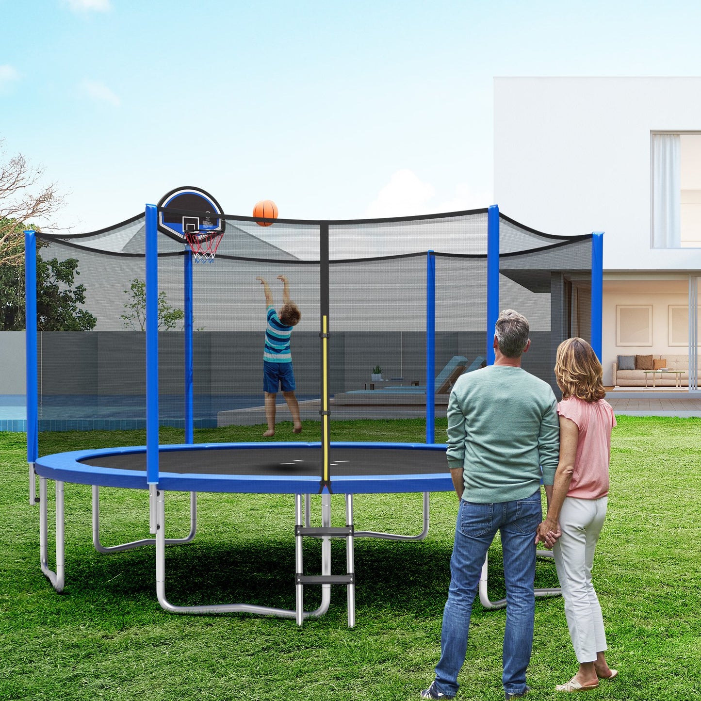 12/14/15/16 Feet Outdoor Recreational Trampoline with Enclosure Net-14 ft Kids Crystal