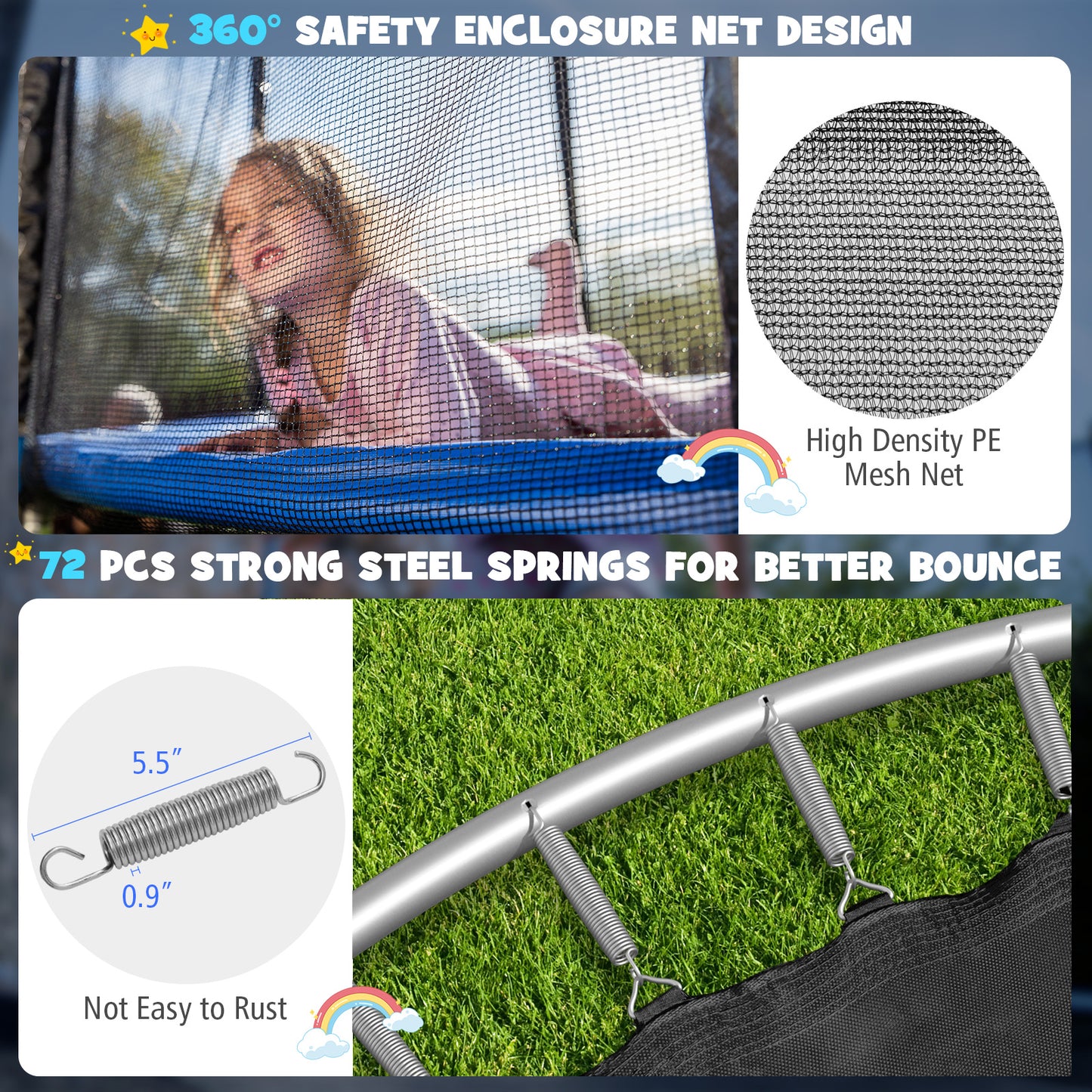 12/14/15/16 Feet Outdoor Recreational Trampoline with Enclosure Net-14 ft Kids Crystal