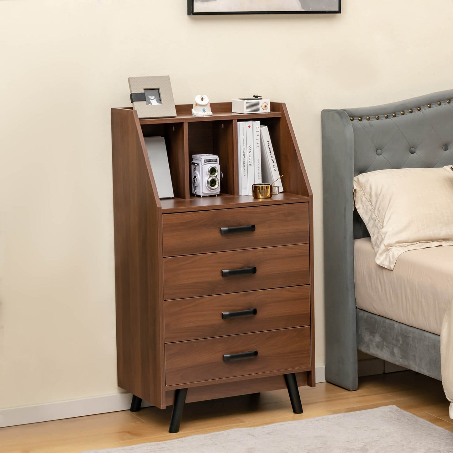 4-Drawer Dresser with 2 Anti-Tipping Kits for Bedroom-Walnut Kids Crystal