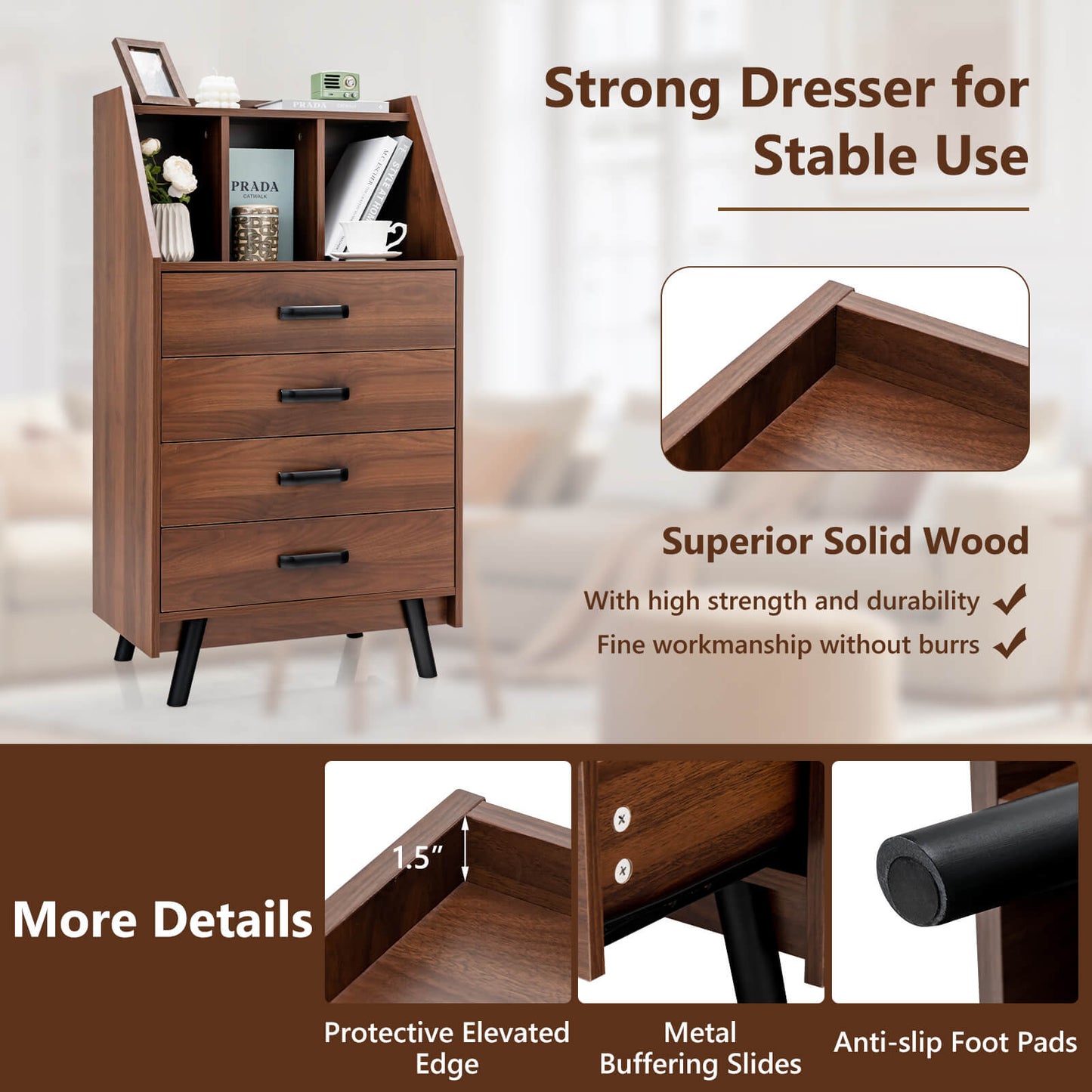 4-Drawer Dresser with 2 Anti-Tipping Kits for Bedroom-Walnut Kids Crystal