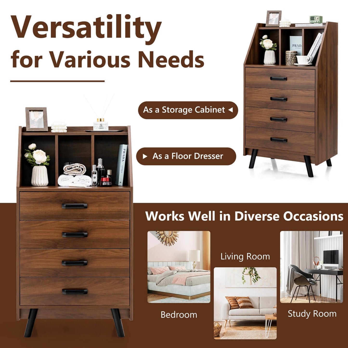 4-Drawer Dresser with 2 Anti-Tipping Kits for Bedroom-Walnut Kids Crystal