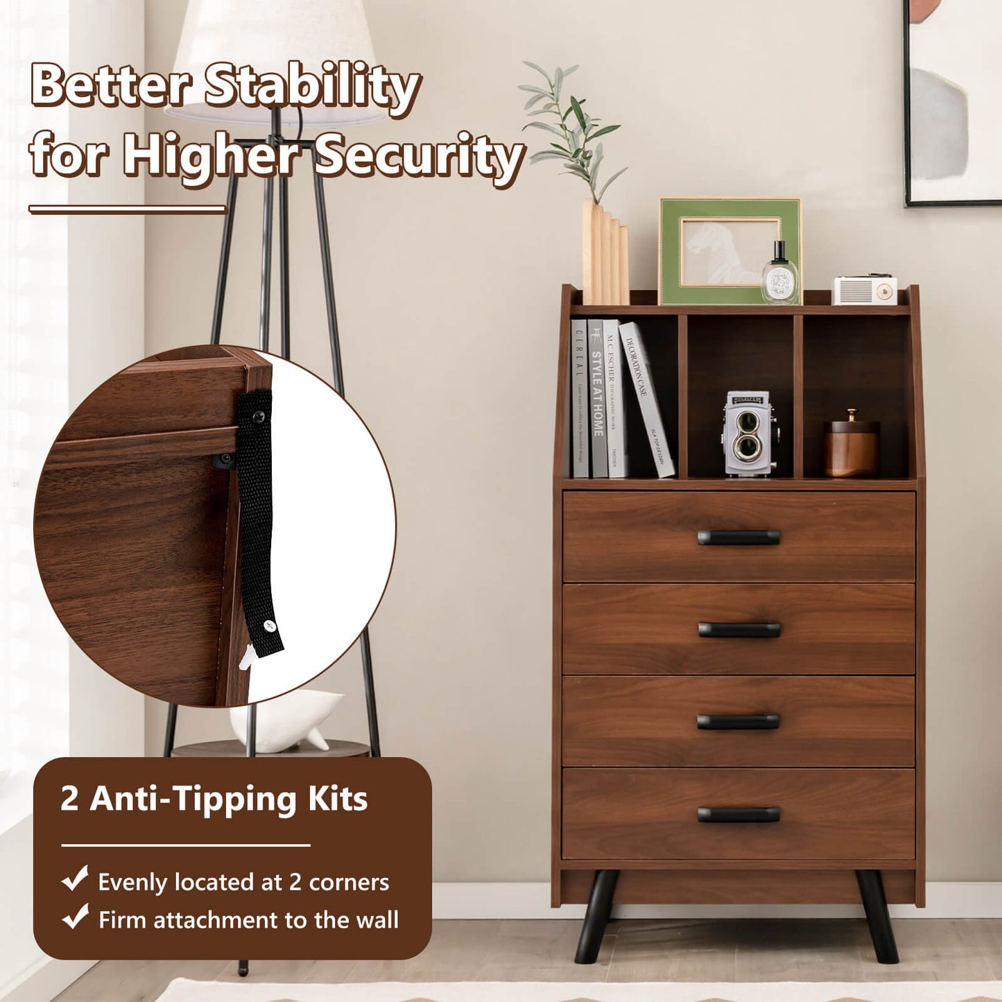 4-Drawer Dresser with 2 Anti-Tipping Kits for Bedroom-Walnut Kids Crystal