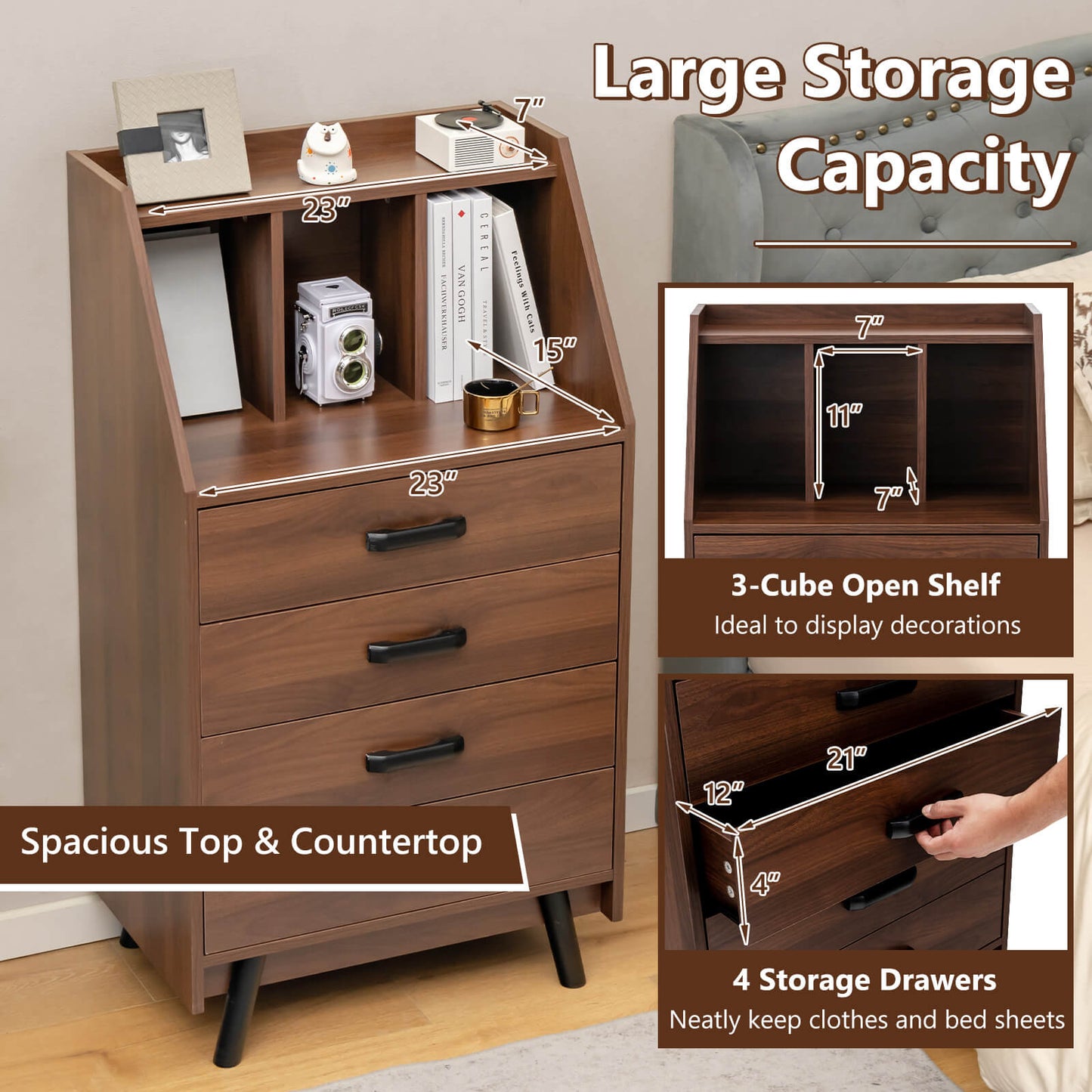 4-Drawer Dresser with 2 Anti-Tipping Kits for Bedroom-Walnut Kids Crystal