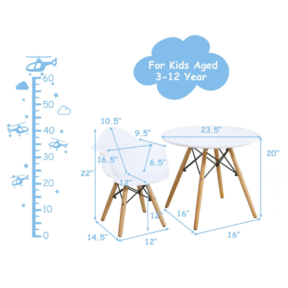 3 Pieces Kid's Modern Round Table Chair Set Kids Crystal