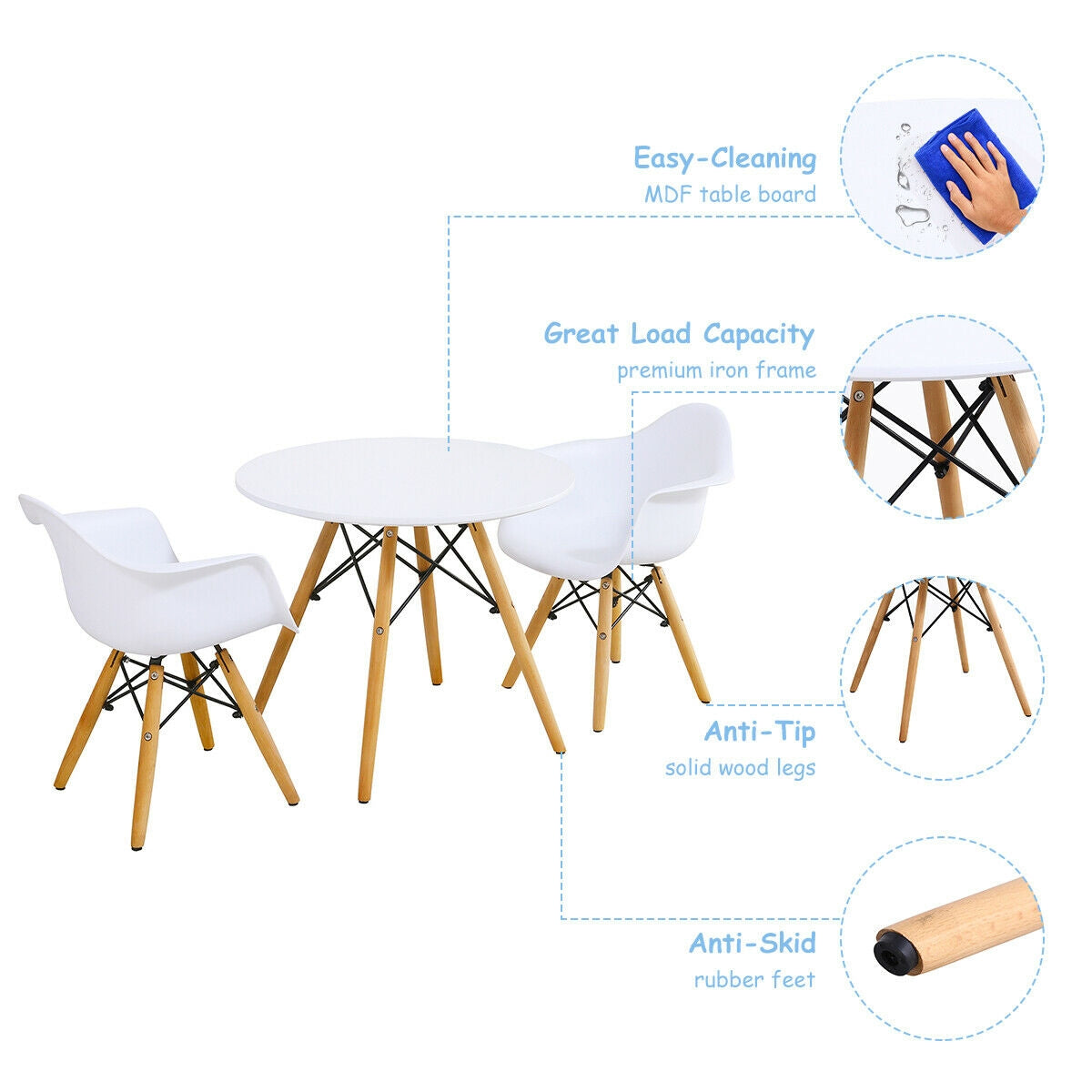 3 Pieces Kid's Modern Round Table Chair Set Kids Crystal