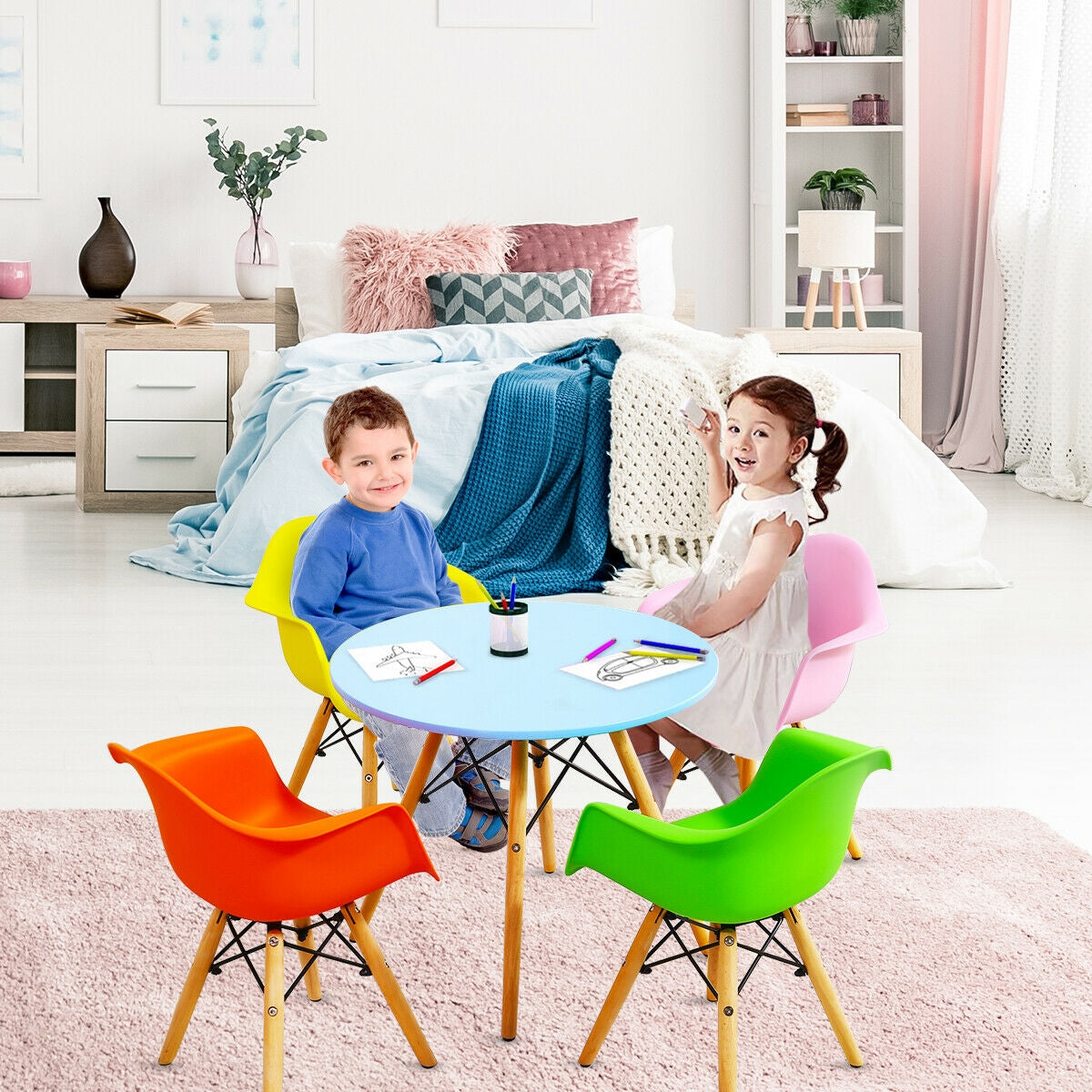 5 Pieces Kids Mid-Century Colorful Table Chair Set Kids Crystal