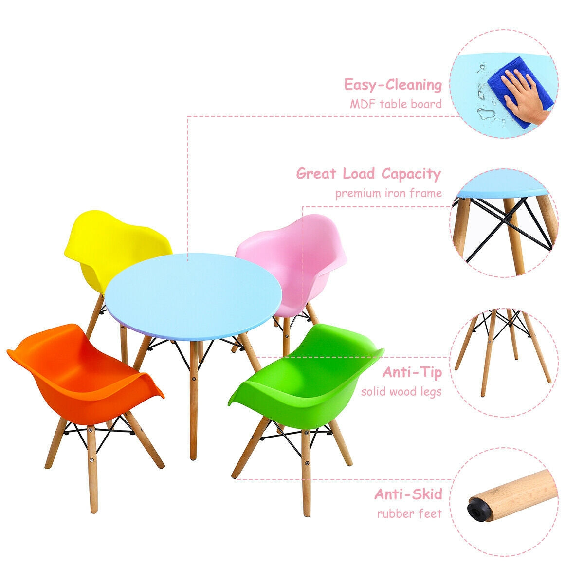 5 Pieces Kids Mid-Century Colorful Table Chair Set Kids Crystal