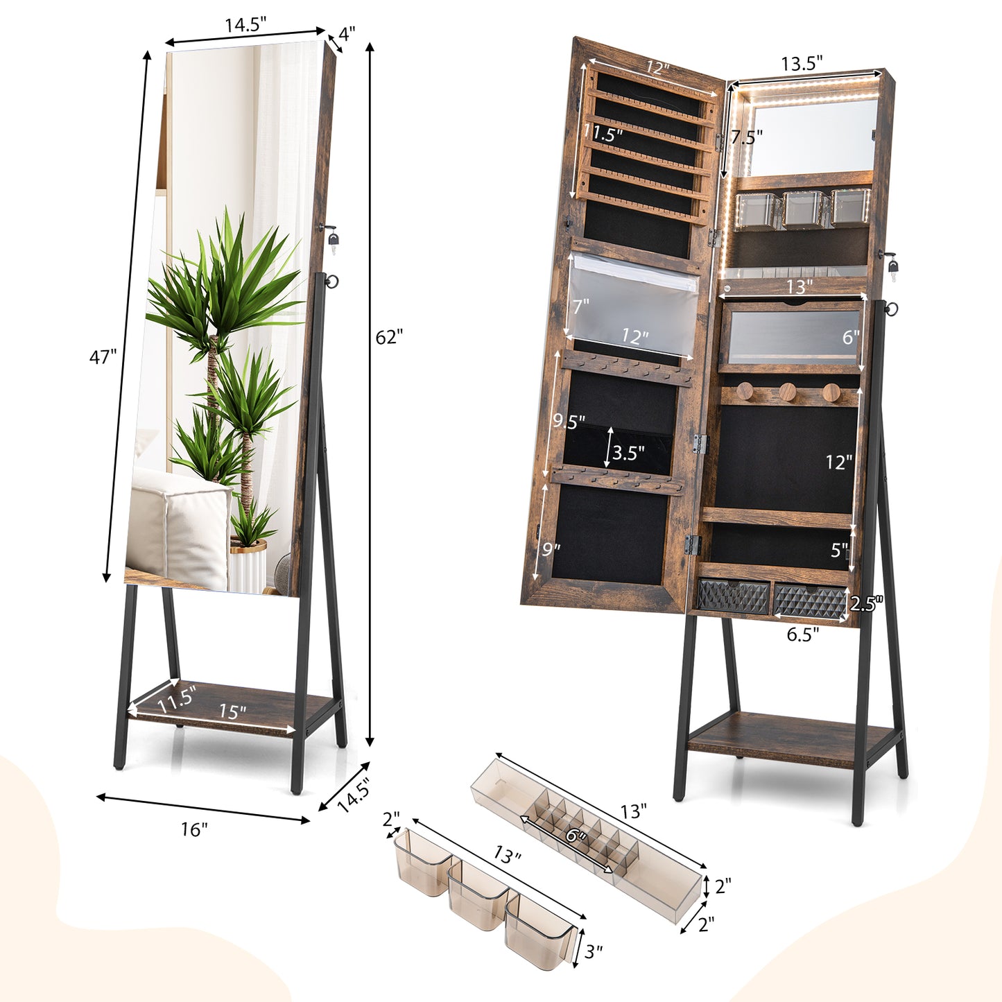 Freestanding Jewelry Cabinet with Full-Length Mirror-Rustic Brown Kids Crystal