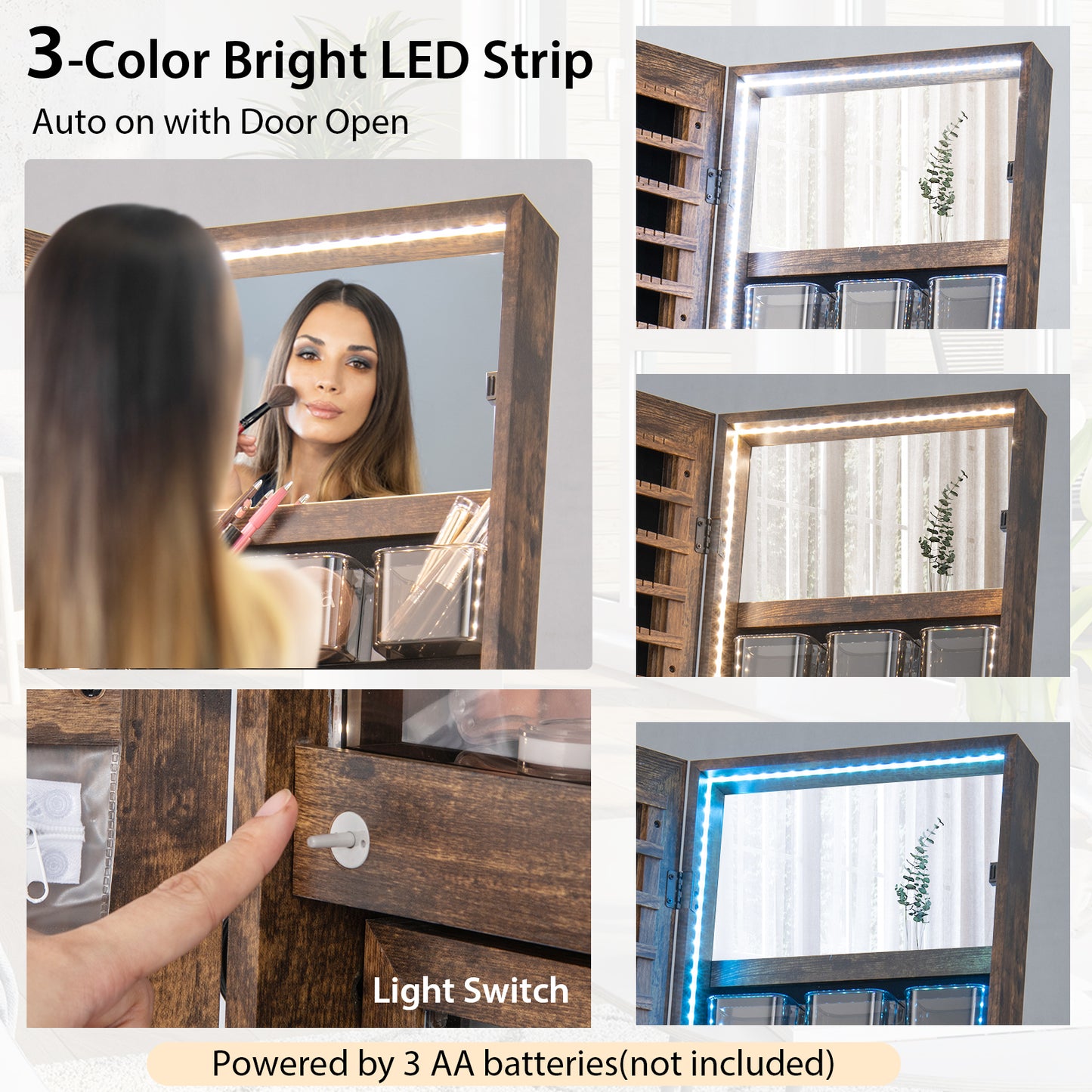 Freestanding Jewelry Cabinet with Full-Length Mirror-Rustic Brown Kids Crystal