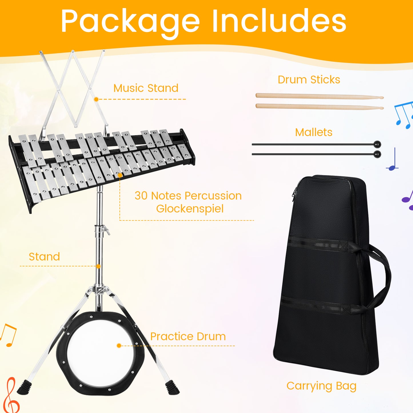 30 Notes Percussion with Practice Pad Mallets Sticks Stand Kids Crystal