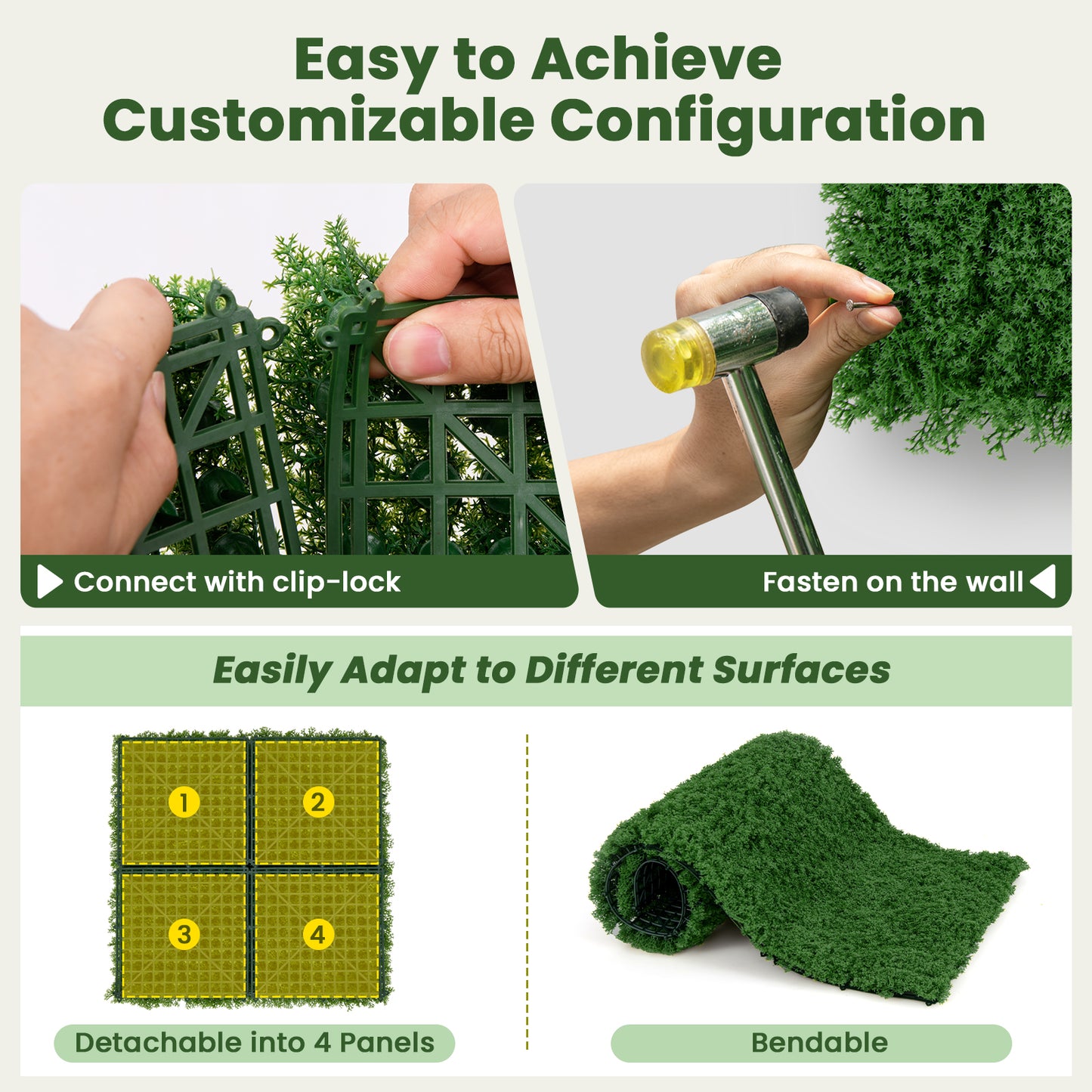 12 Pieces 20 x 20 inches Artificial Grass Wall Panels for Garden Yard Balcony-Green Kids Crystal