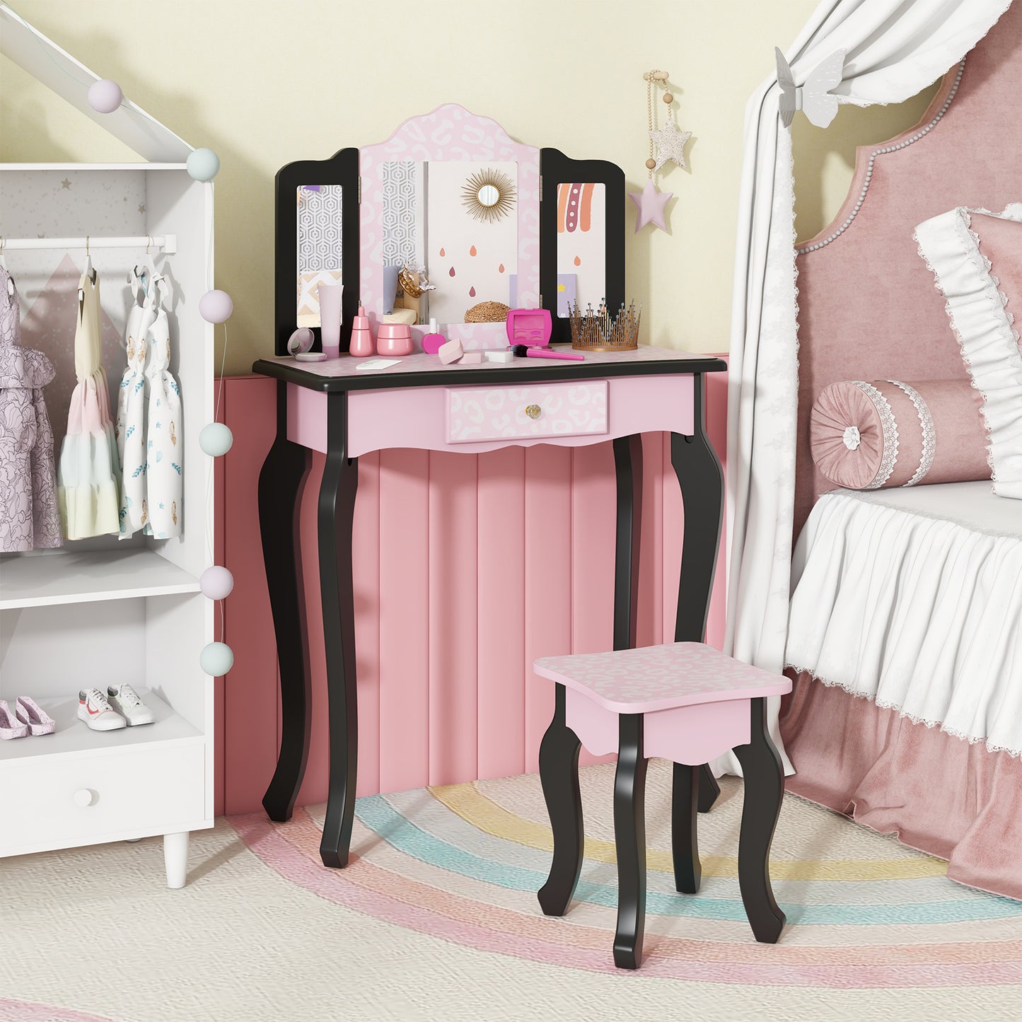 2 in 1 Princess Dressing Table Writing Desk with Cute Leopard Print 3 Makeup Accessories-Pink Kids Crystal