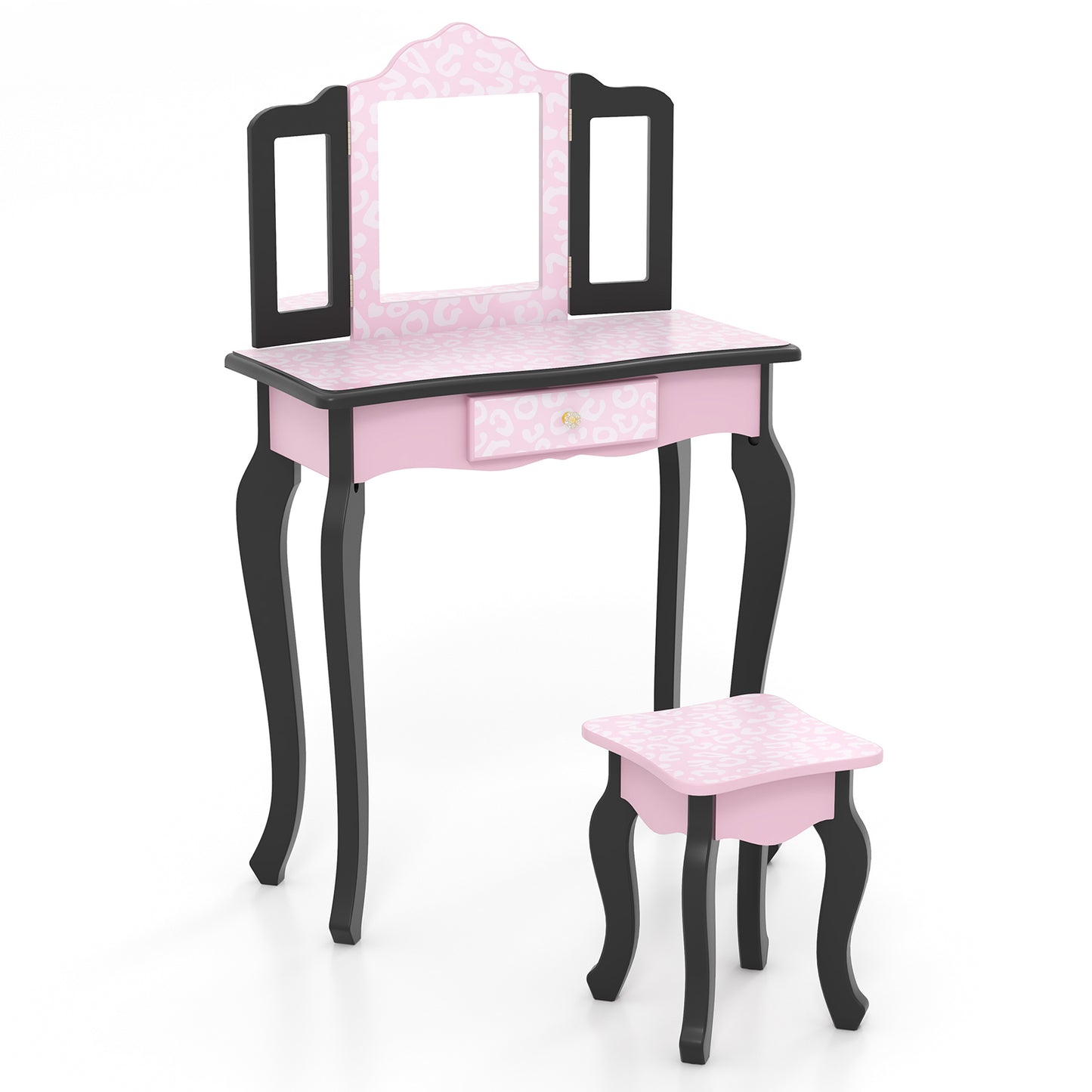 2 in 1 Princess Dressing Table Writing Desk with Cute Leopard Print 3 Makeup Accessories-Pink Kids Crystal