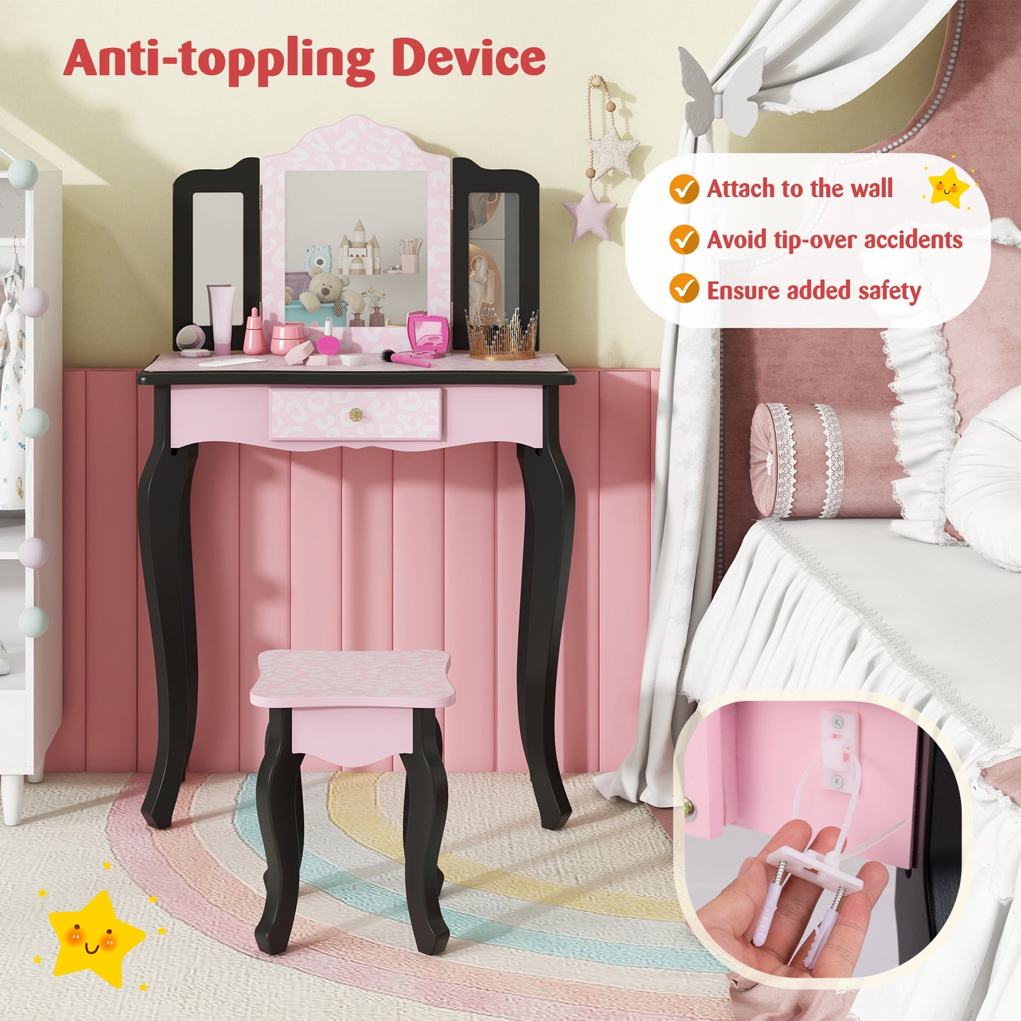 2 in 1 Princess Dressing Table Writing Desk with Cute Leopard Print 3 Makeup Accessories-Pink Kids Crystal