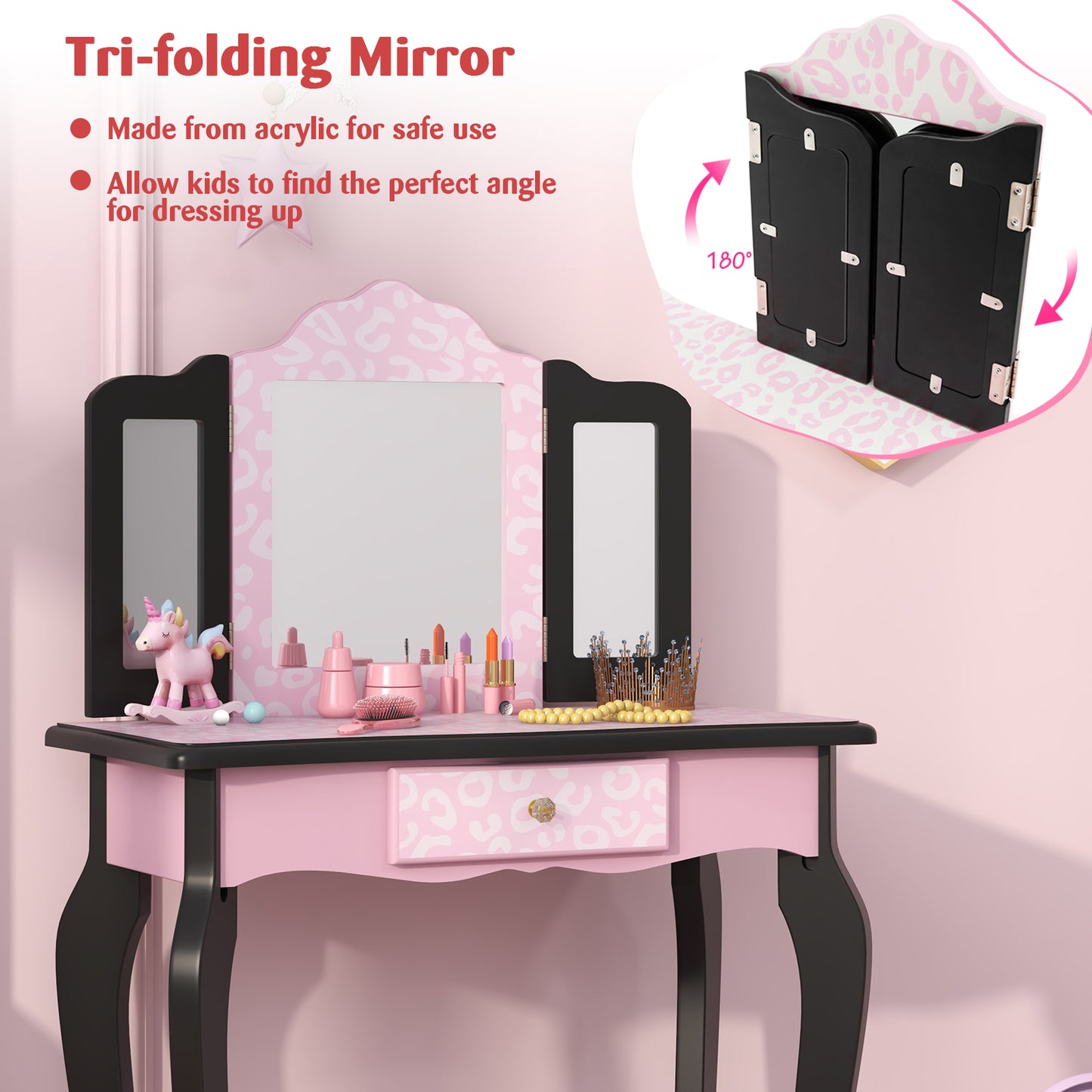 2 in 1 Princess Dressing Table Writing Desk with Cute Leopard Print 3 Makeup Accessories-Pink Kids Crystal