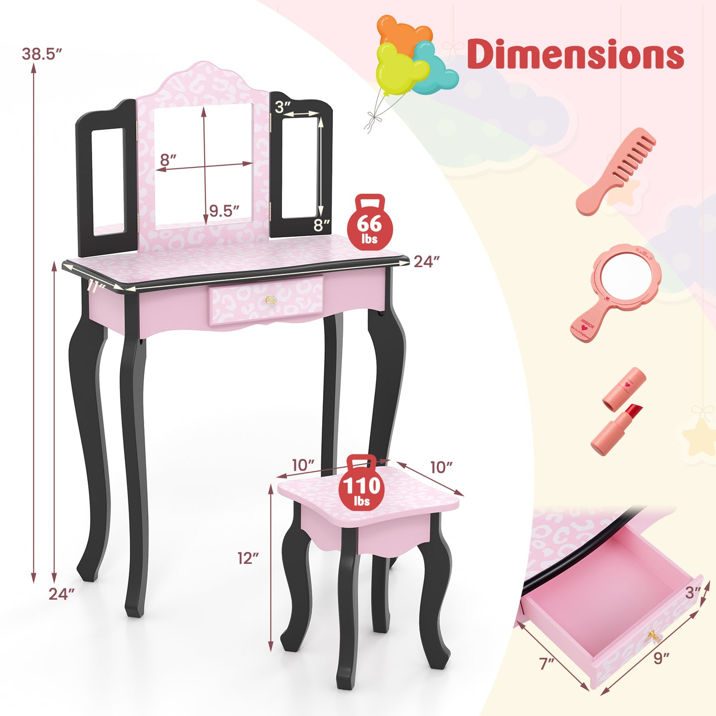 2 in 1 Princess Dressing Table Writing Desk with Cute Leopard Print 3 Makeup Accessories-Pink Kids Crystal