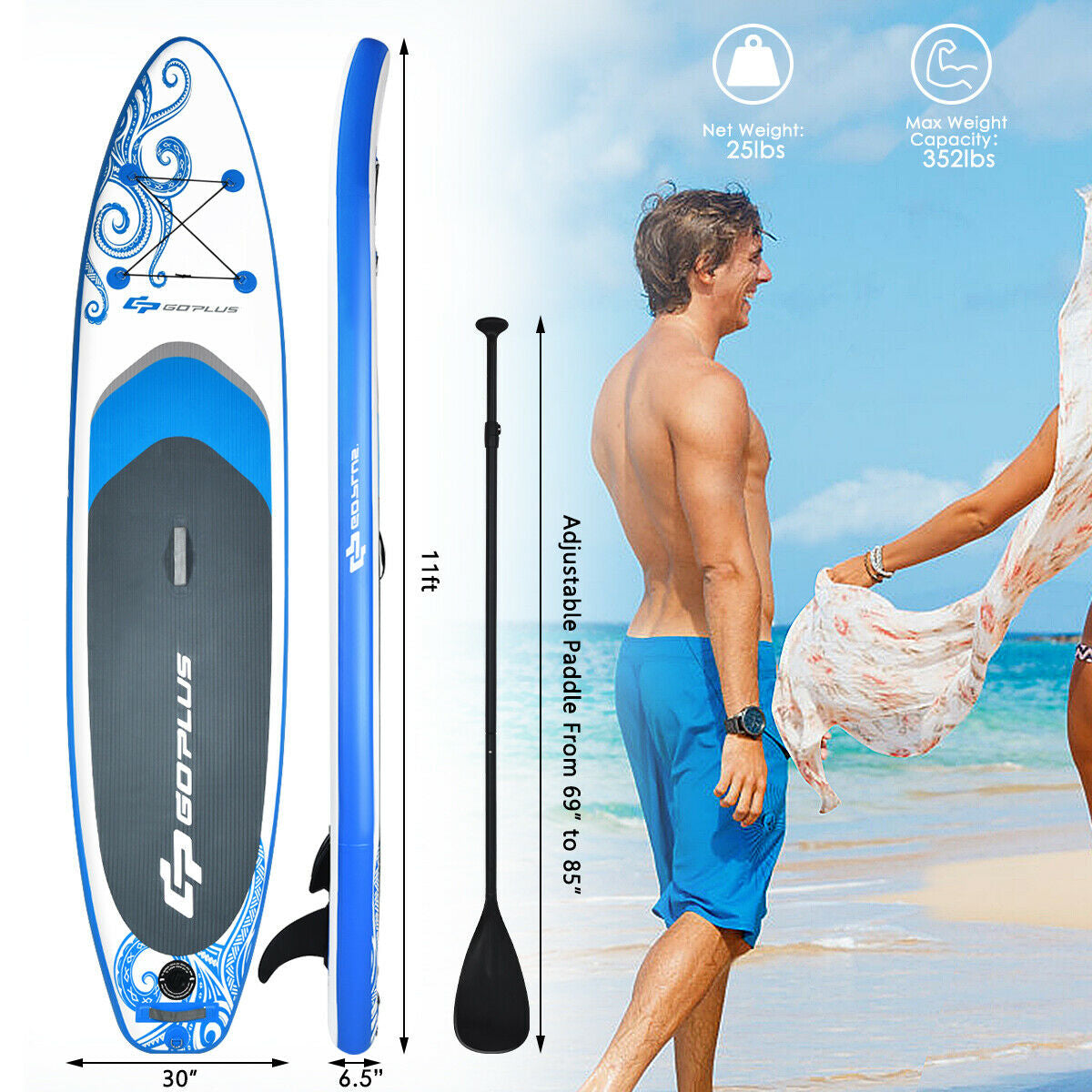 11-Feet Inflatable Adjustable Paddle Board with Carry Bag Kids Crystal