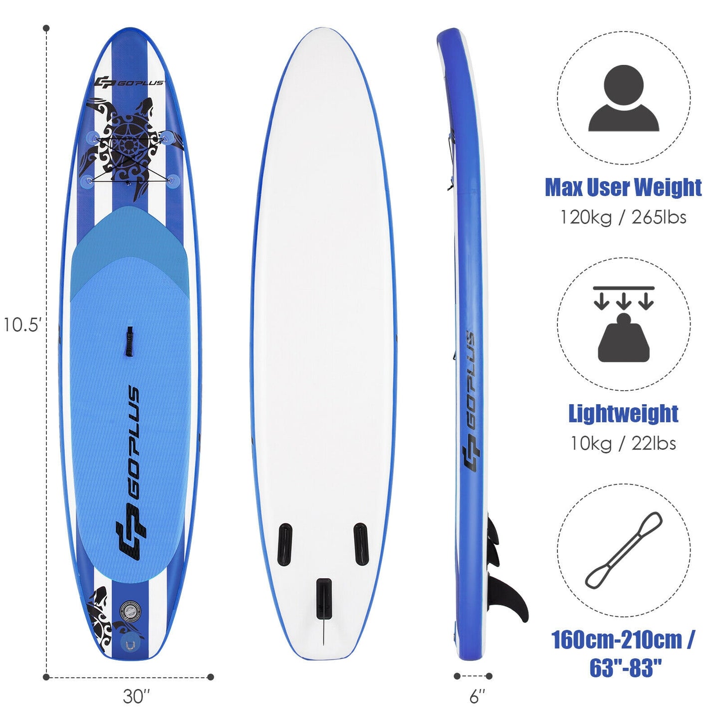 10.6 Feet Inflatable Adjustable Paddle Board with Carry Bag-M Kids Crystal