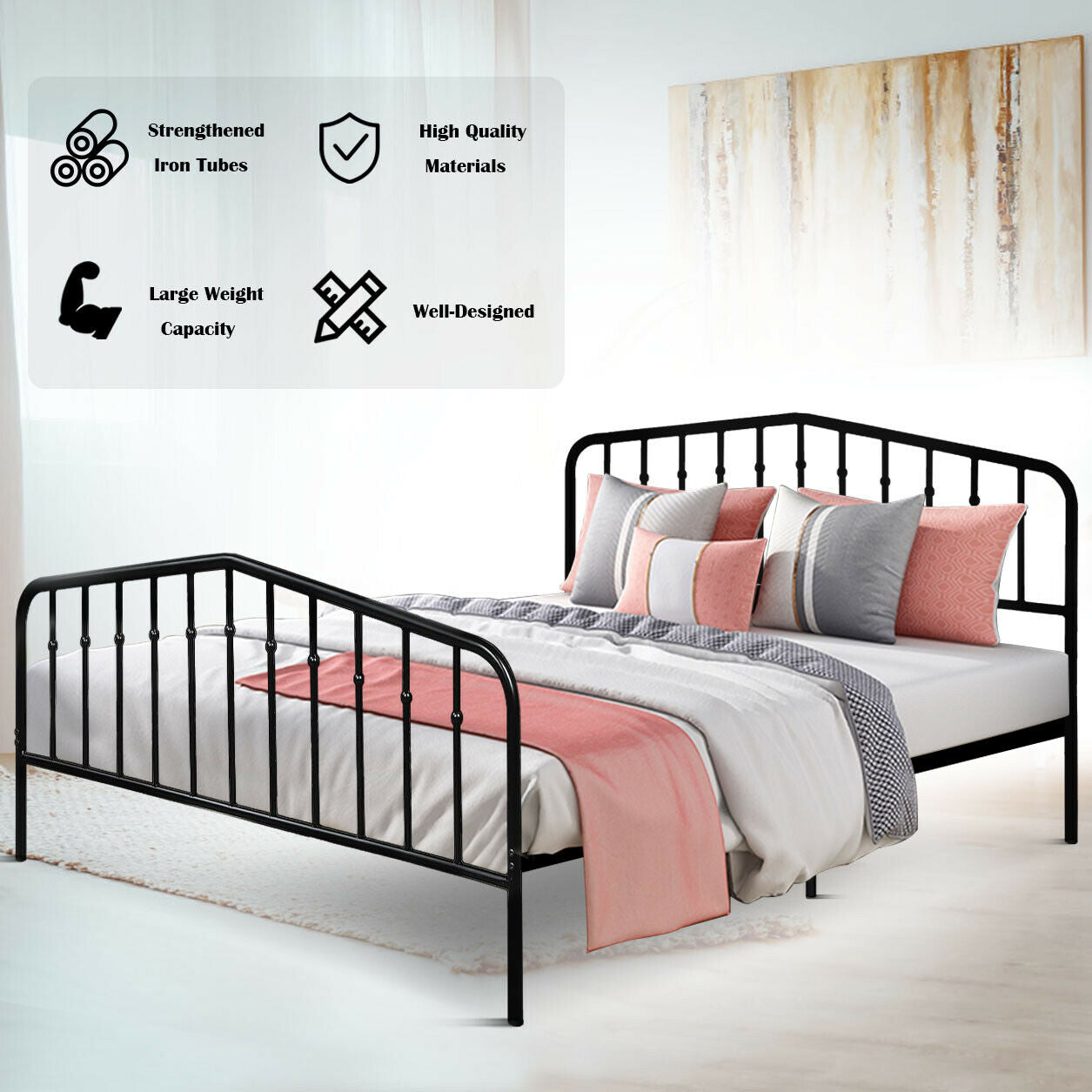 Queen Size Metal Bed Frame Steel Slat Platform Kids Crystal